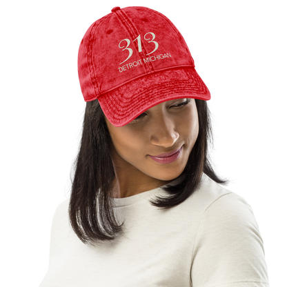 '313 Detroit Michigan' Vintage Baseball Cap | Ivory White