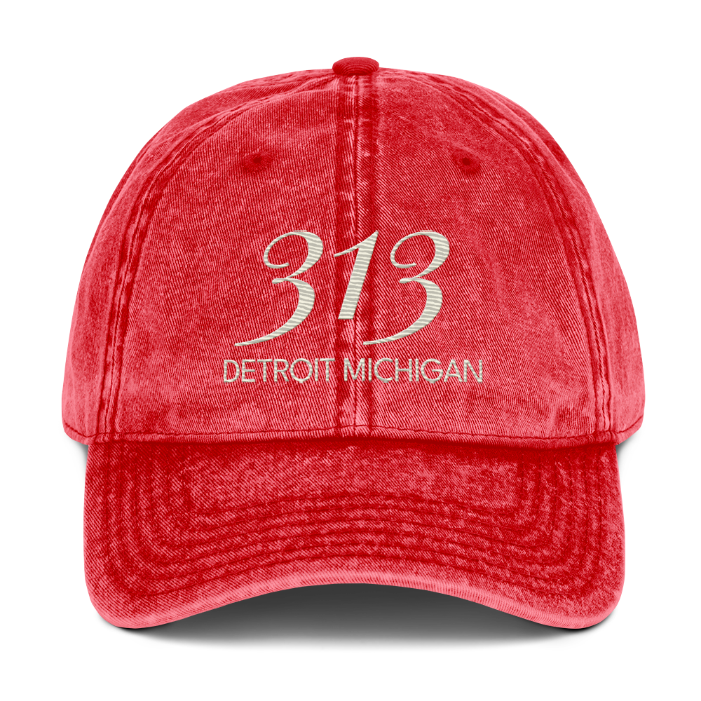 '313 Detroit Michigan' Vintage Baseball Cap | Ivory White