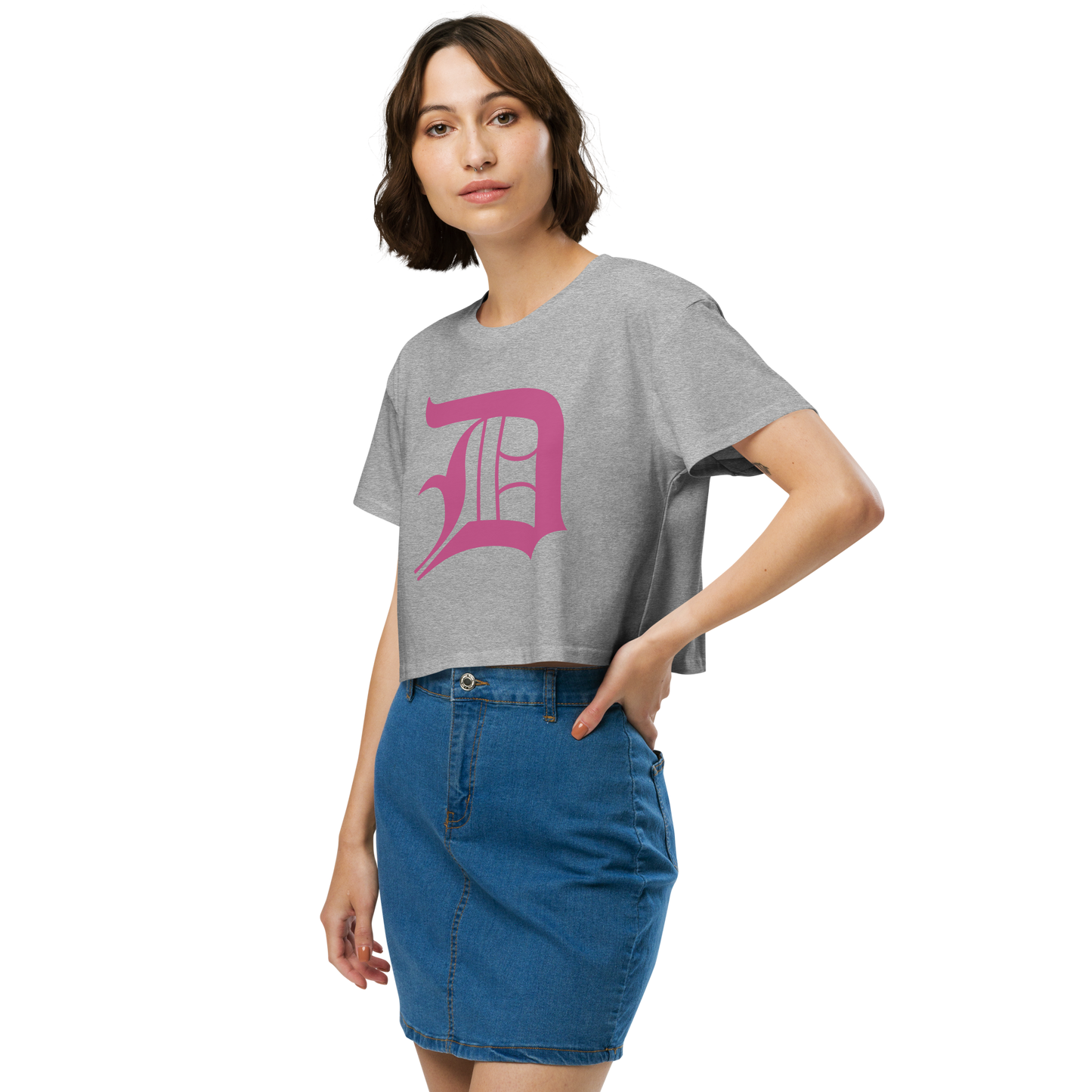 Detroit 'Old English D' Relaxed Crop Top (Apple Blossom Pink)