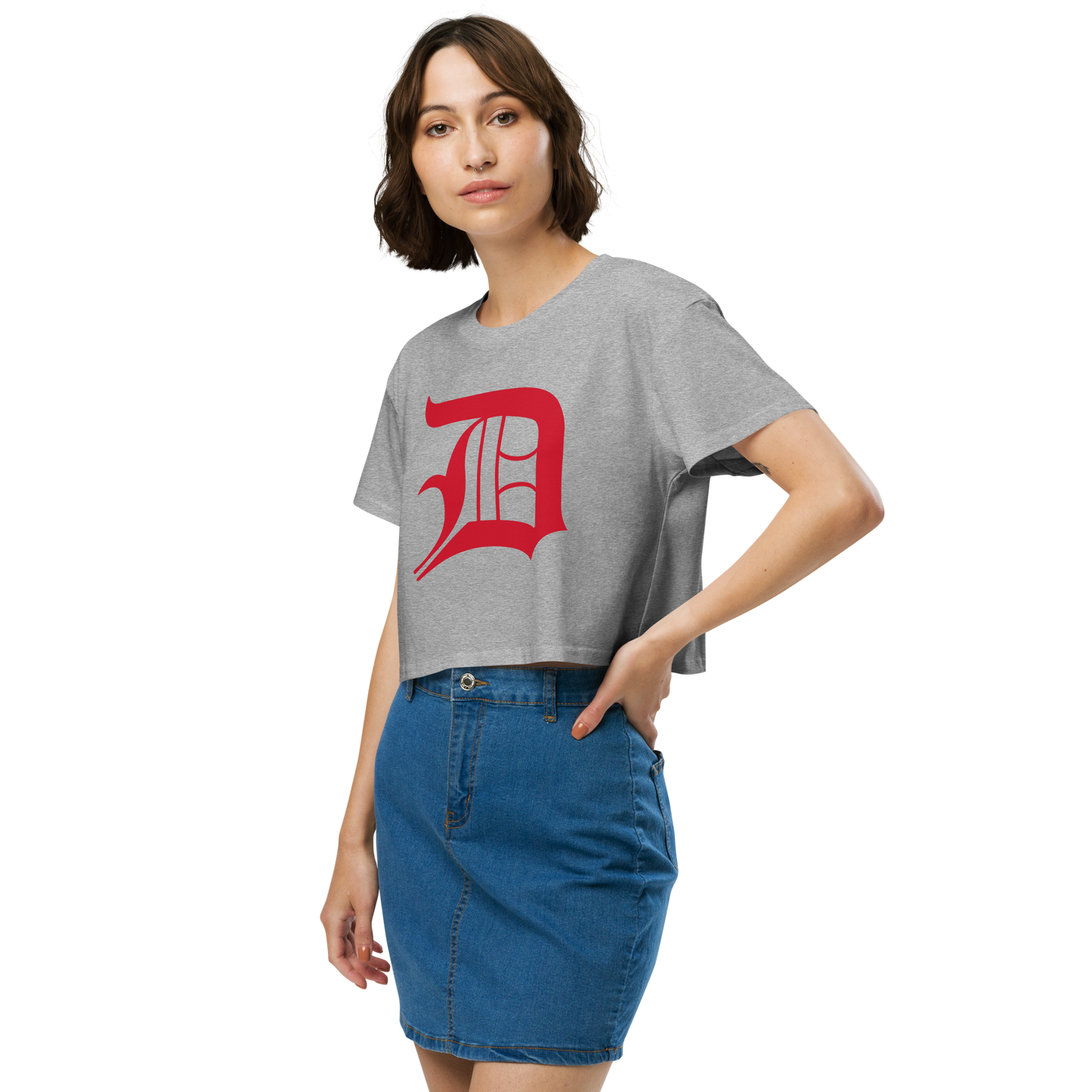 Detroit 'Old English D' Relaxed Crop Top (Aliform Red)