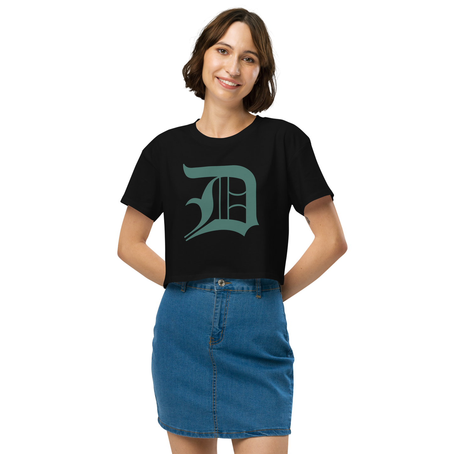 Detroit 'Old English D' Relaxed Crop Top (Copper Green)