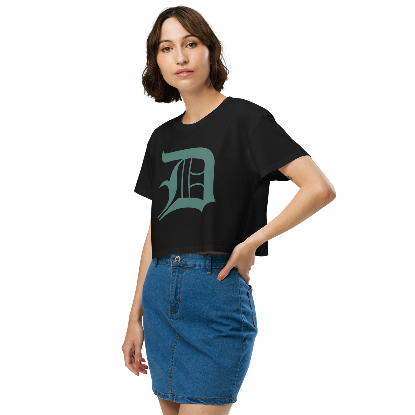 Detroit 'Old English D' Relaxed Crop Top (Copper Green)