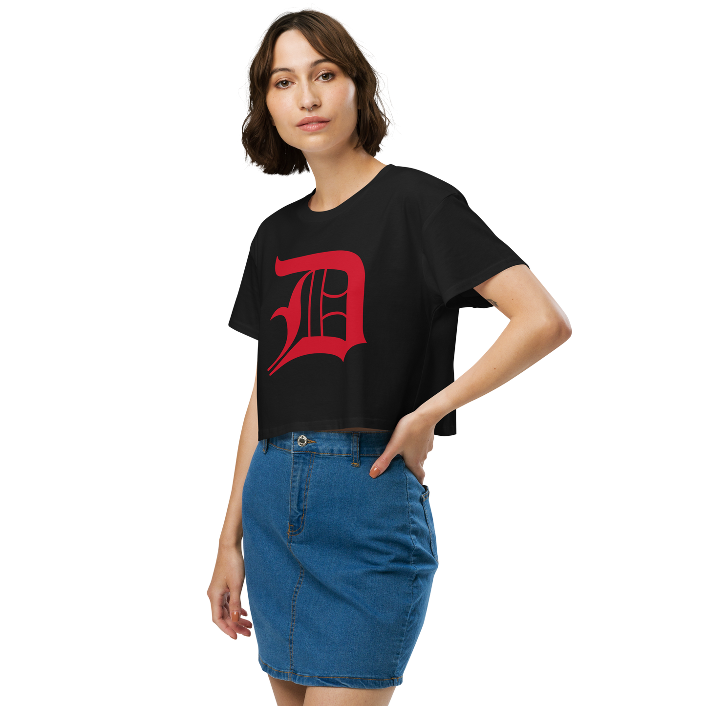 Detroit 'Old English D' Relaxed Crop Top (Aliform Red)