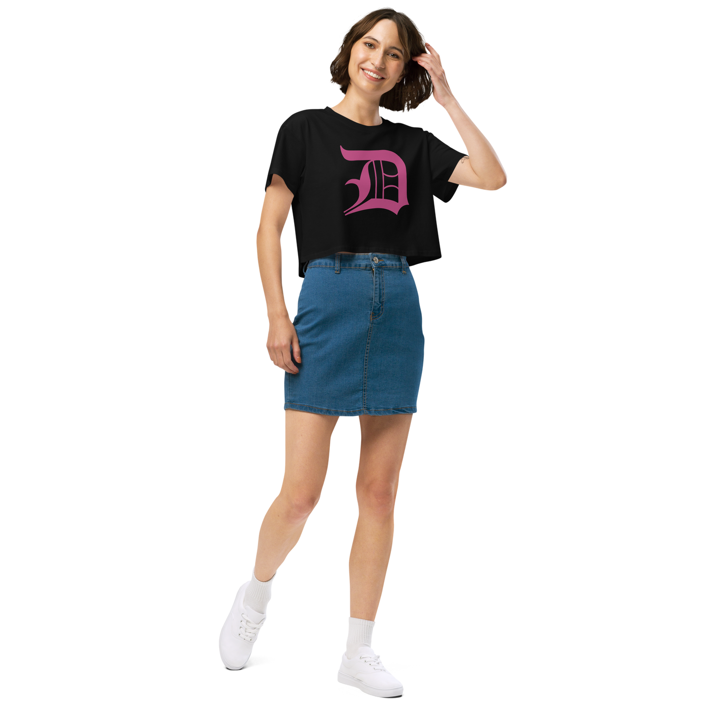 Detroit 'Old English D' Relaxed Crop Top (Apple Blossom Pink)