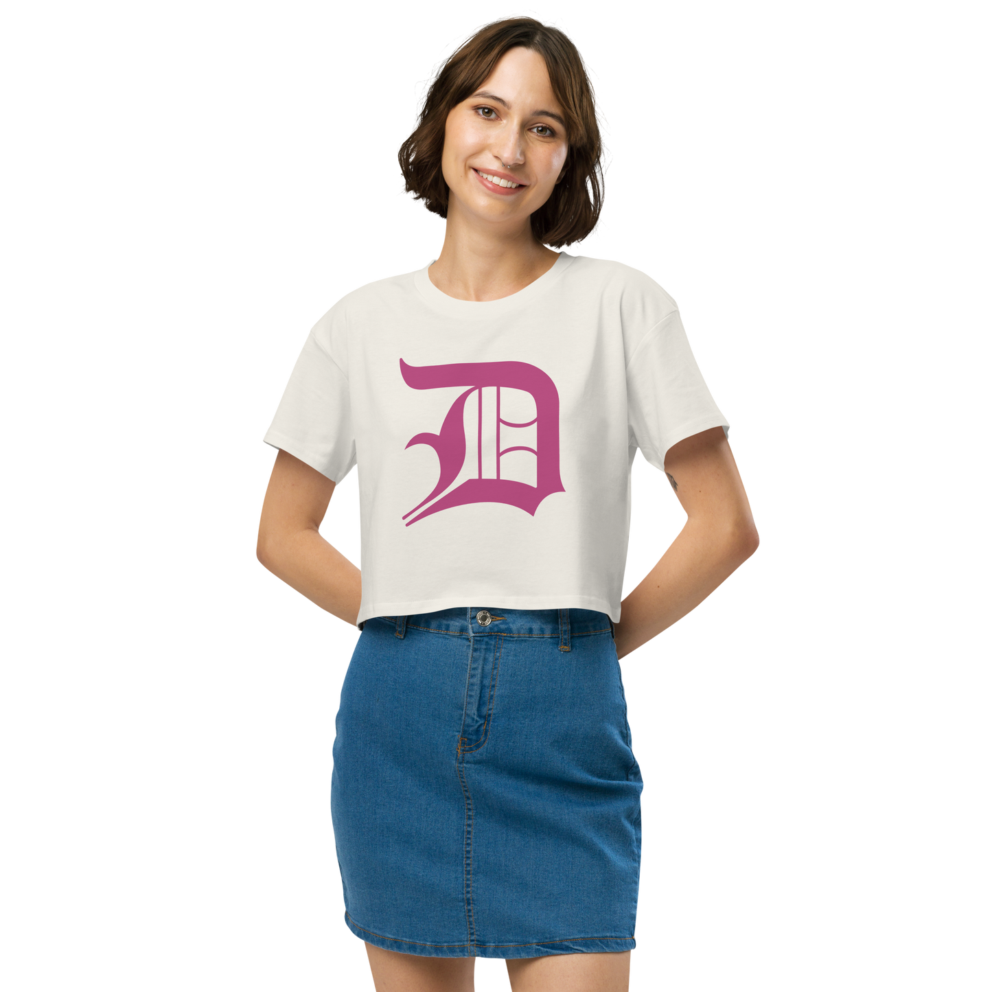 Detroit 'Old English D' Relaxed Crop Top (Apple Blossom Pink)