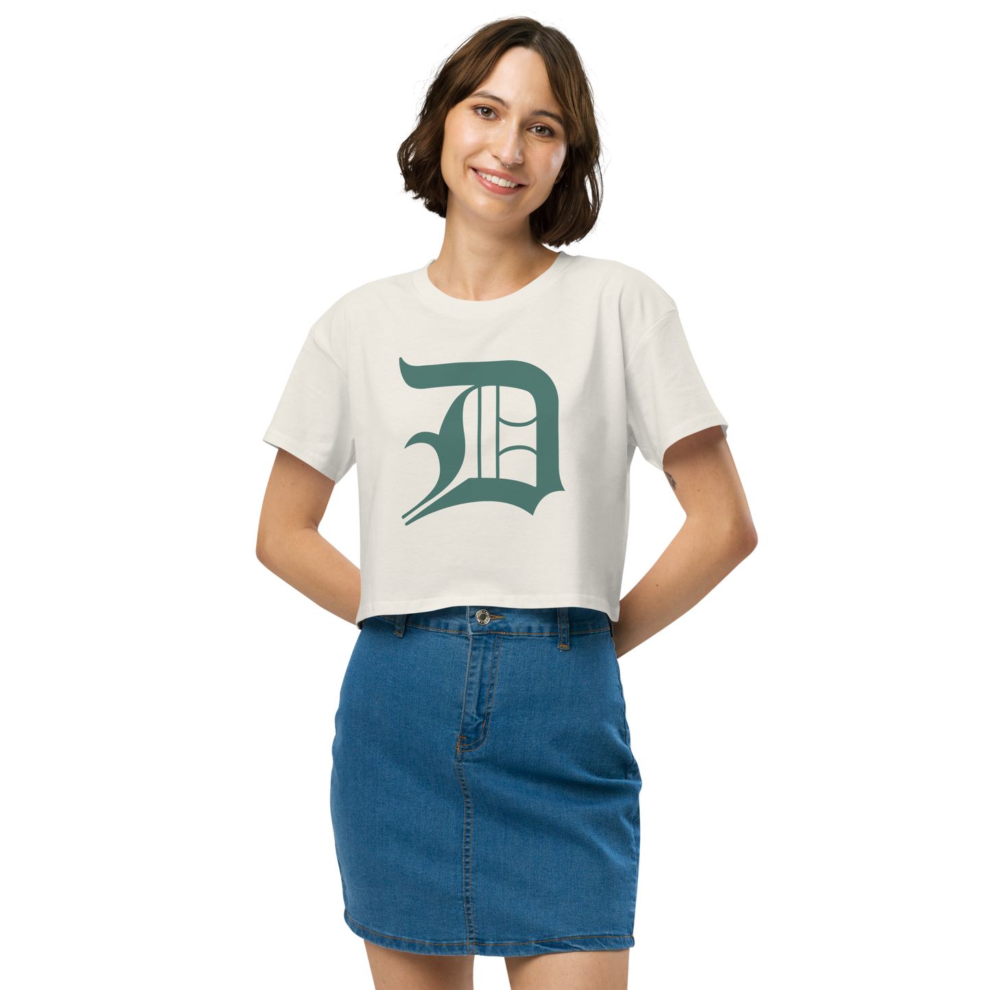 Detroit 'Old English D' Relaxed Crop Top (Copper Green)