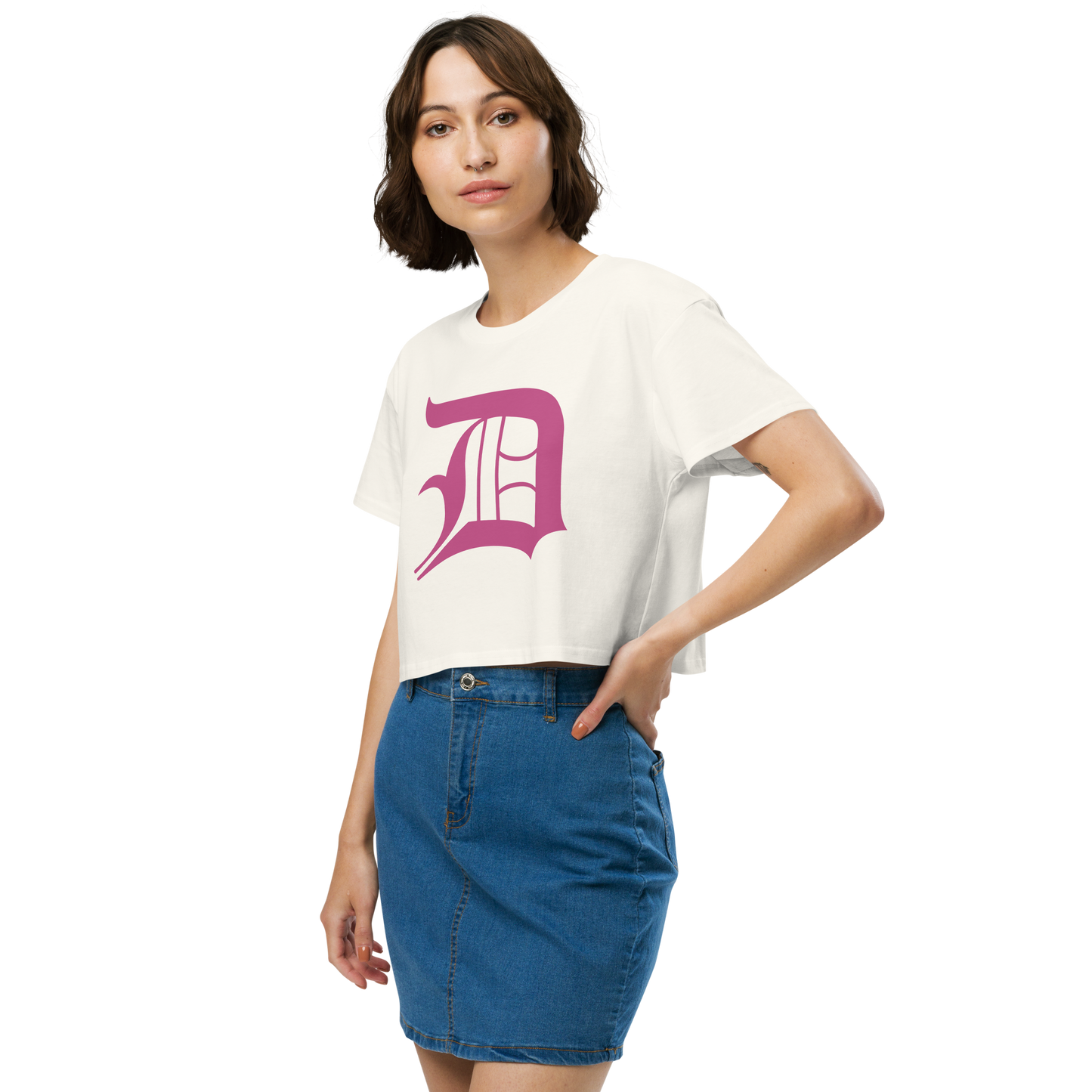 Detroit 'Old English D' Relaxed Crop Top (Apple Blossom Pink)