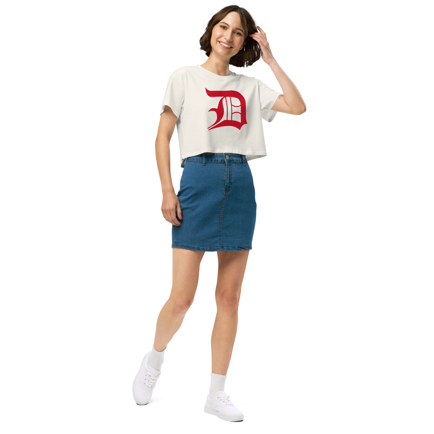 Detroit 'Old English D' Relaxed Crop Top (Aliform Red)