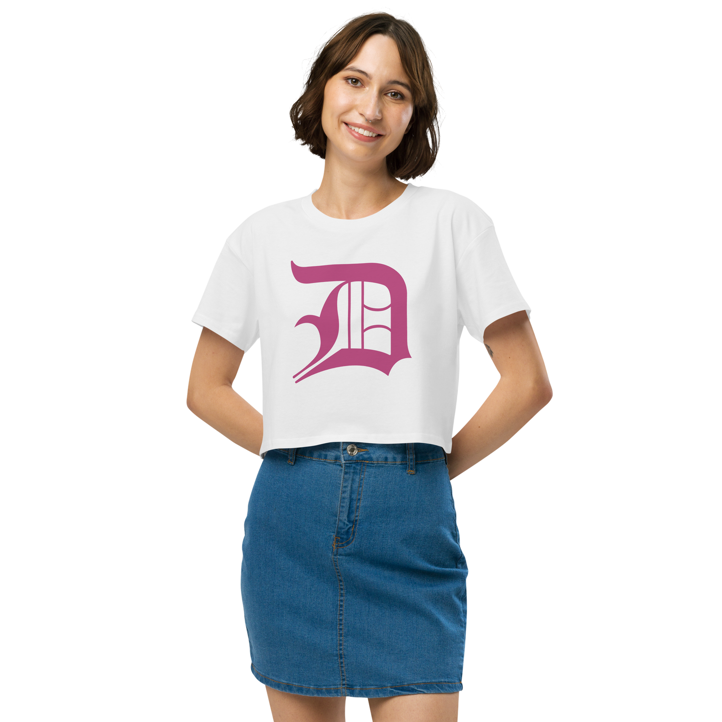 Detroit 'Old English D' Relaxed Crop Top (Apple Blossom Pink)