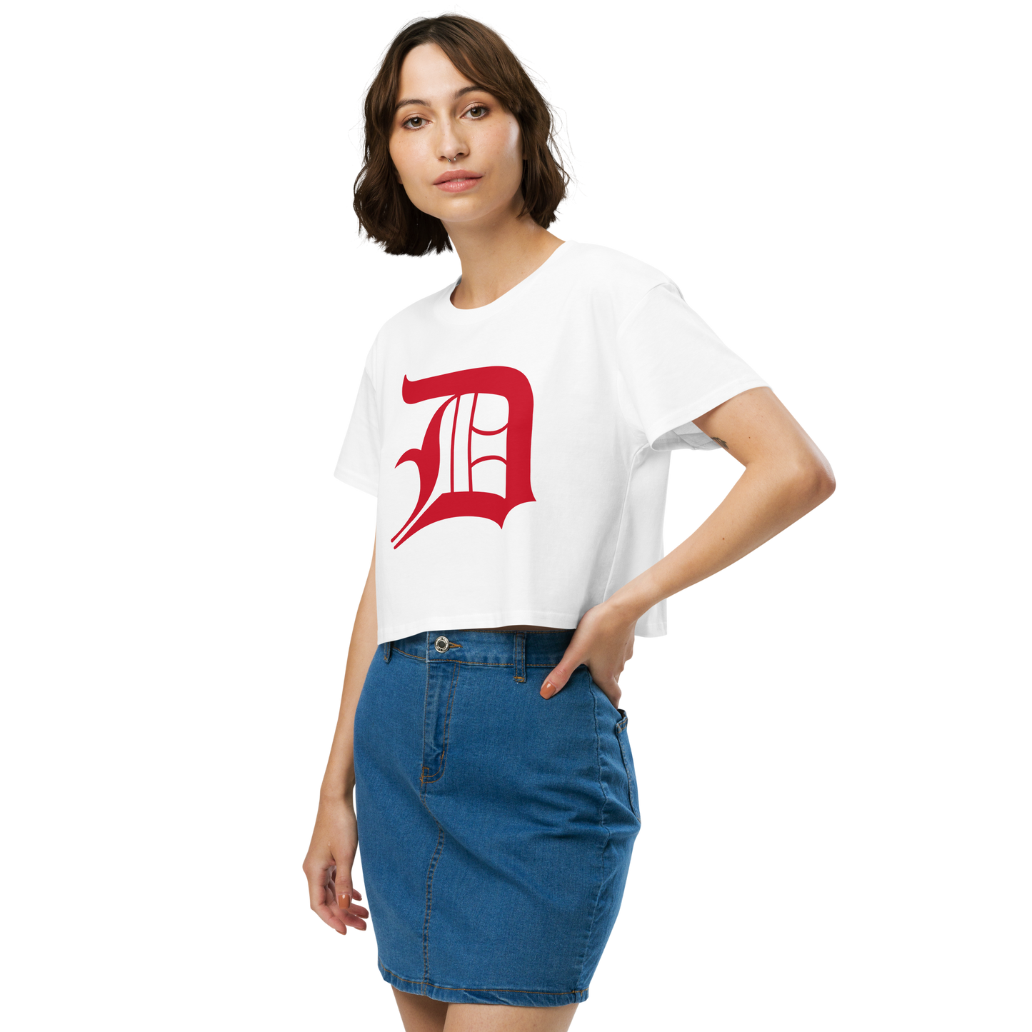 Detroit 'Old English D' Relaxed Crop Top (Aliform Red)