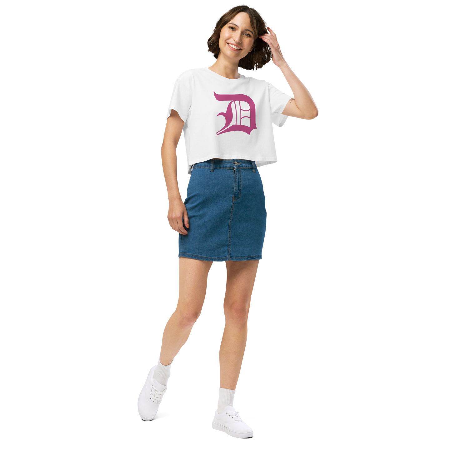 Detroit 'Old English D' Relaxed Crop Top (Apple Blossom Pink)