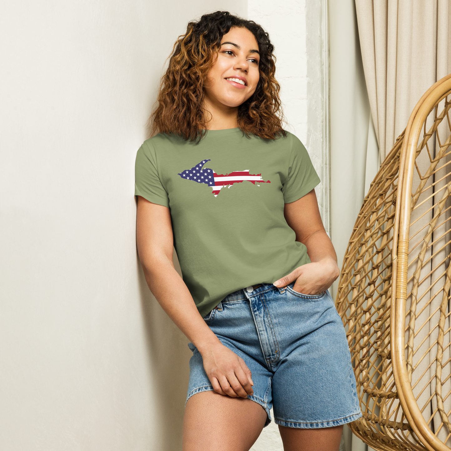 Michigan Upper Peninsula T-Shirt (w/ UP USA Flag Outline) | Women's High-Waisted