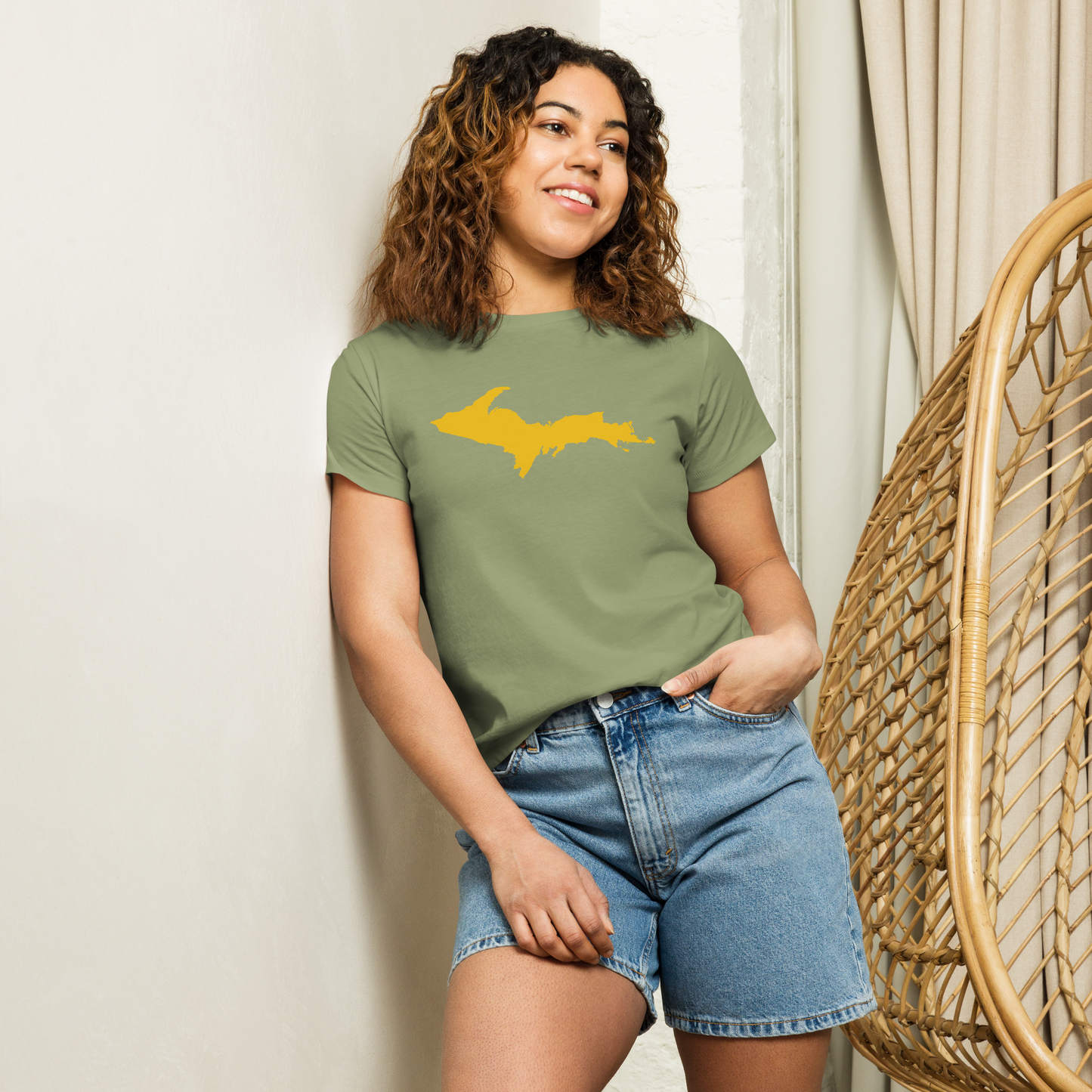 Michigan Upper Peninsula T-Shirt (w/ Gold UP Outline) | Women's High-Waisted