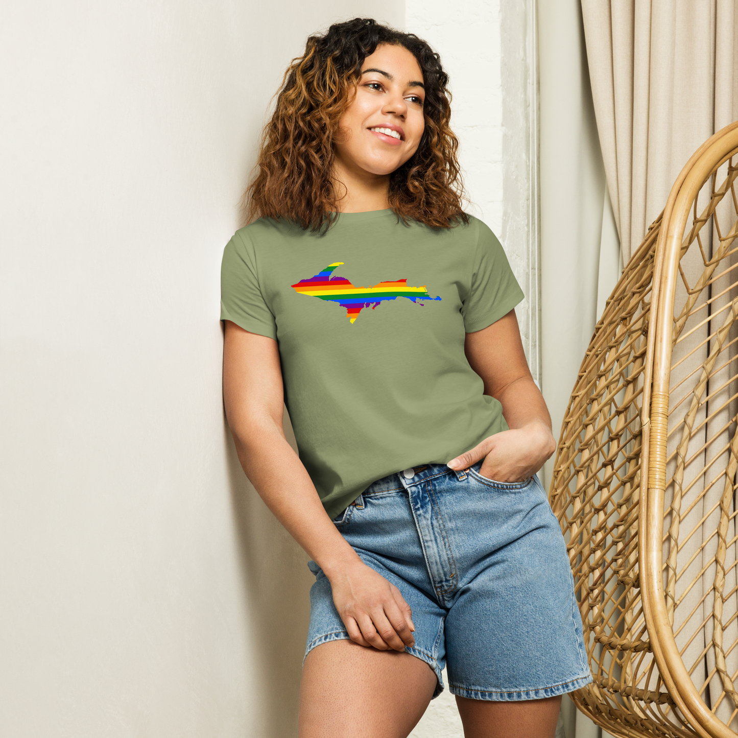 Michigan Upper Peninsula T-Shirt (w/ UP Pride Flag Outline) | Women's High-Waisted