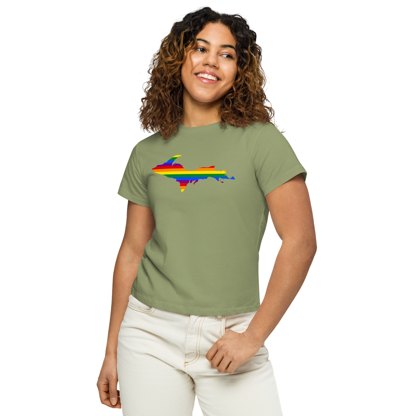 Michigan Upper Peninsula T-Shirt (w/ UP Pride Flag Outline) | Women's High-Waisted