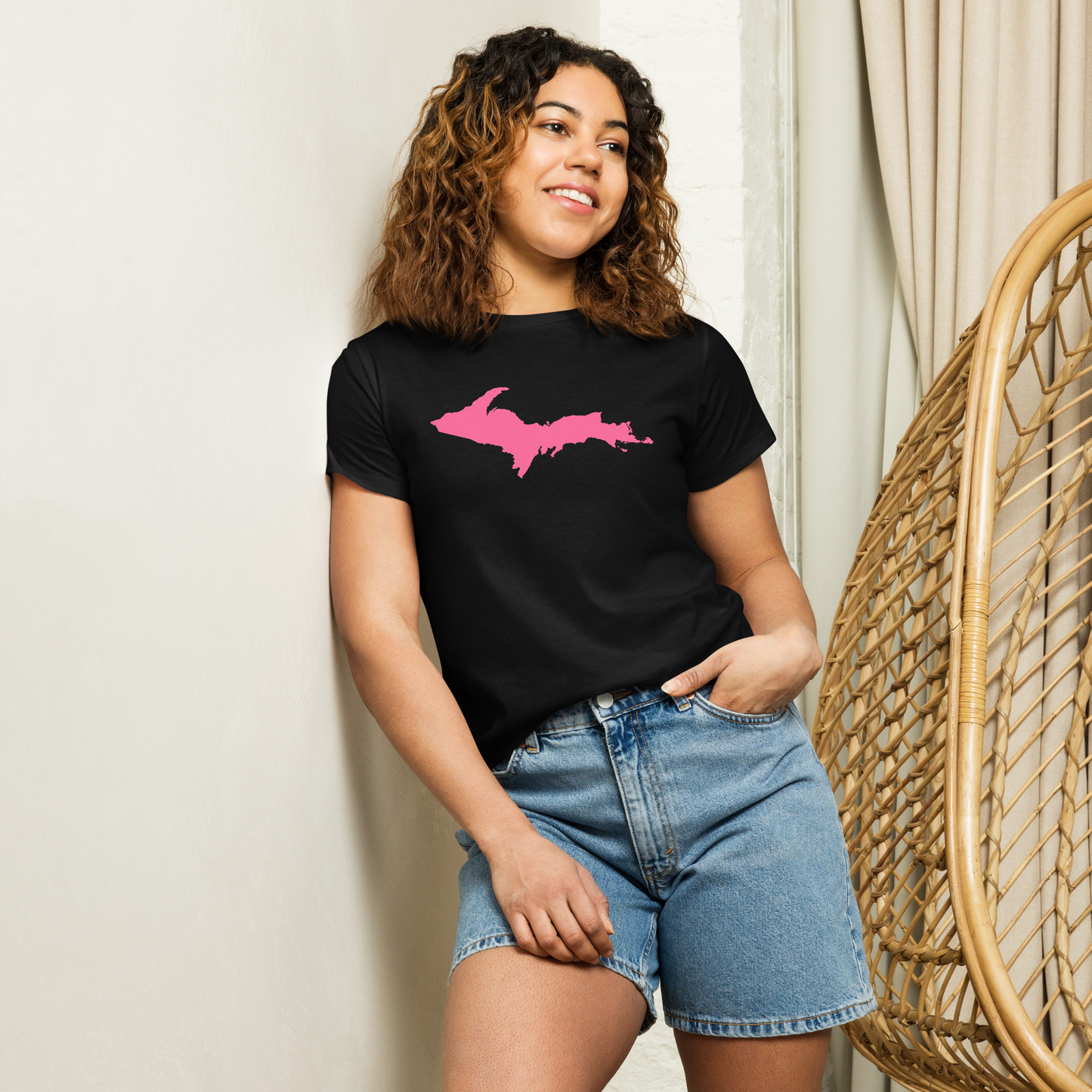 Michigan Upper Peninsula T-Shirt (w/ Pink UP Outline) | Women's High-Waisted