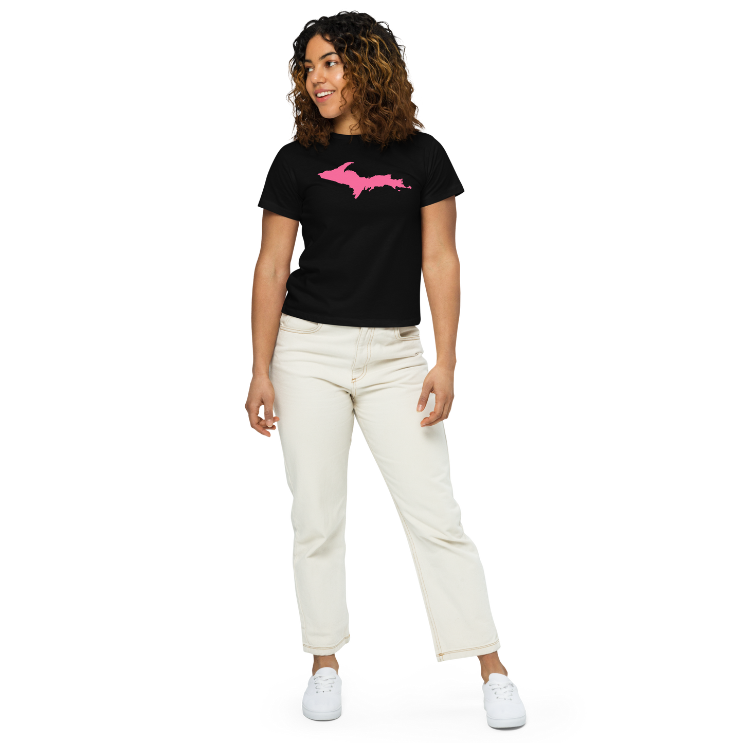 Michigan Upper Peninsula T-Shirt (w/ Pink UP Outline) | Women's High-Waisted