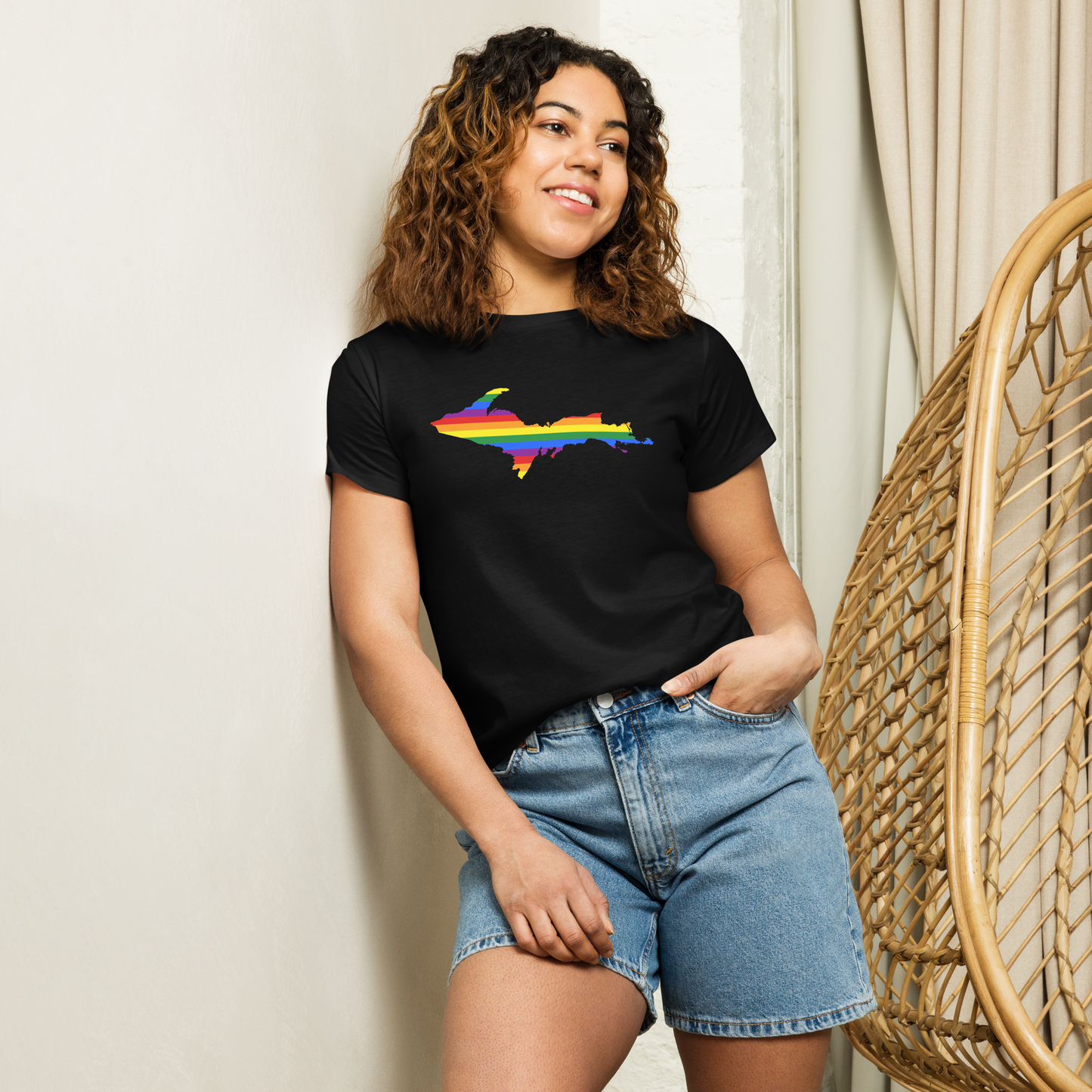 Michigan Upper Peninsula T-Shirt (w/ UP Pride Flag Outline) | Women's High-Waisted