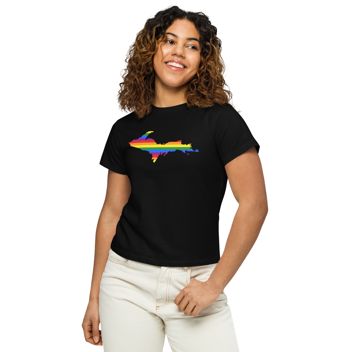 Michigan Upper Peninsula T-Shirt (w/ UP Pride Flag Outline) | Women's High-Waisted