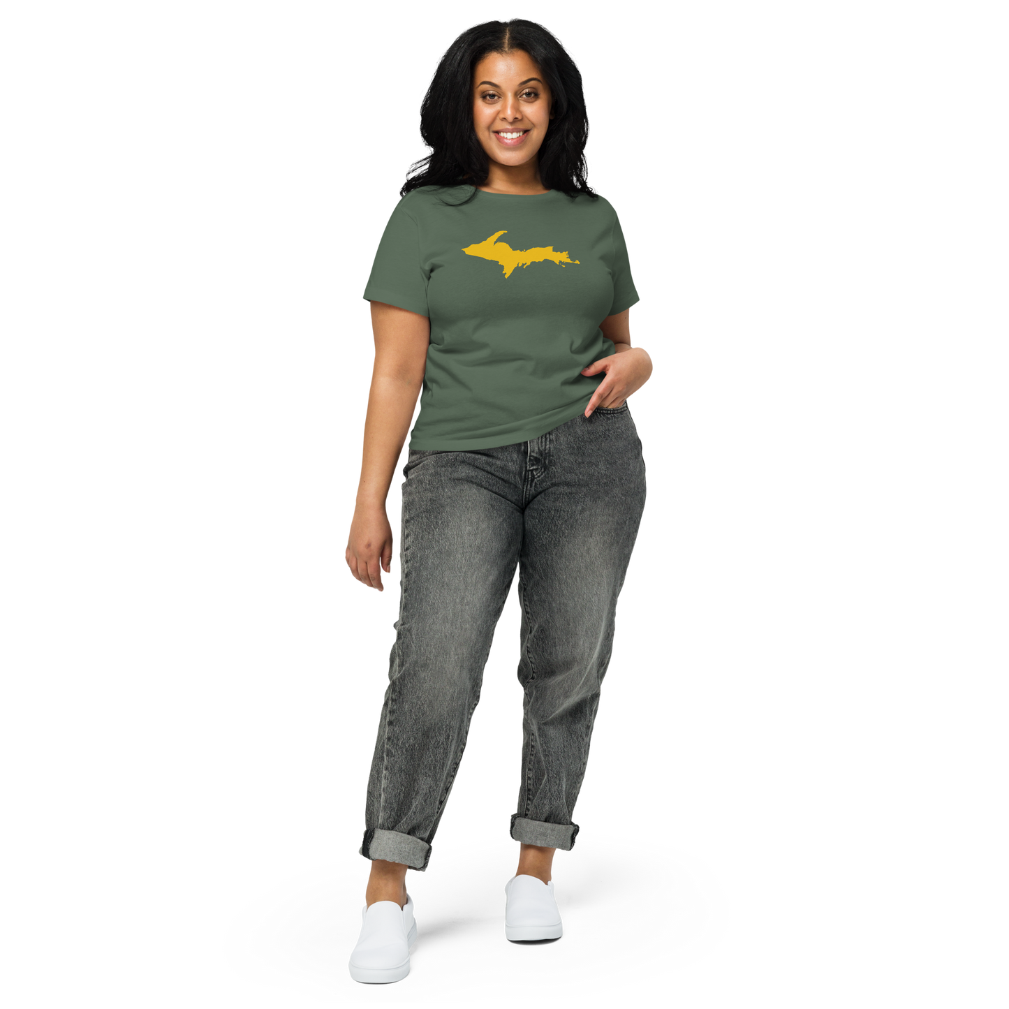 Michigan Upper Peninsula T-Shirt (w/ Gold UP Outline) | Women's High-Waisted