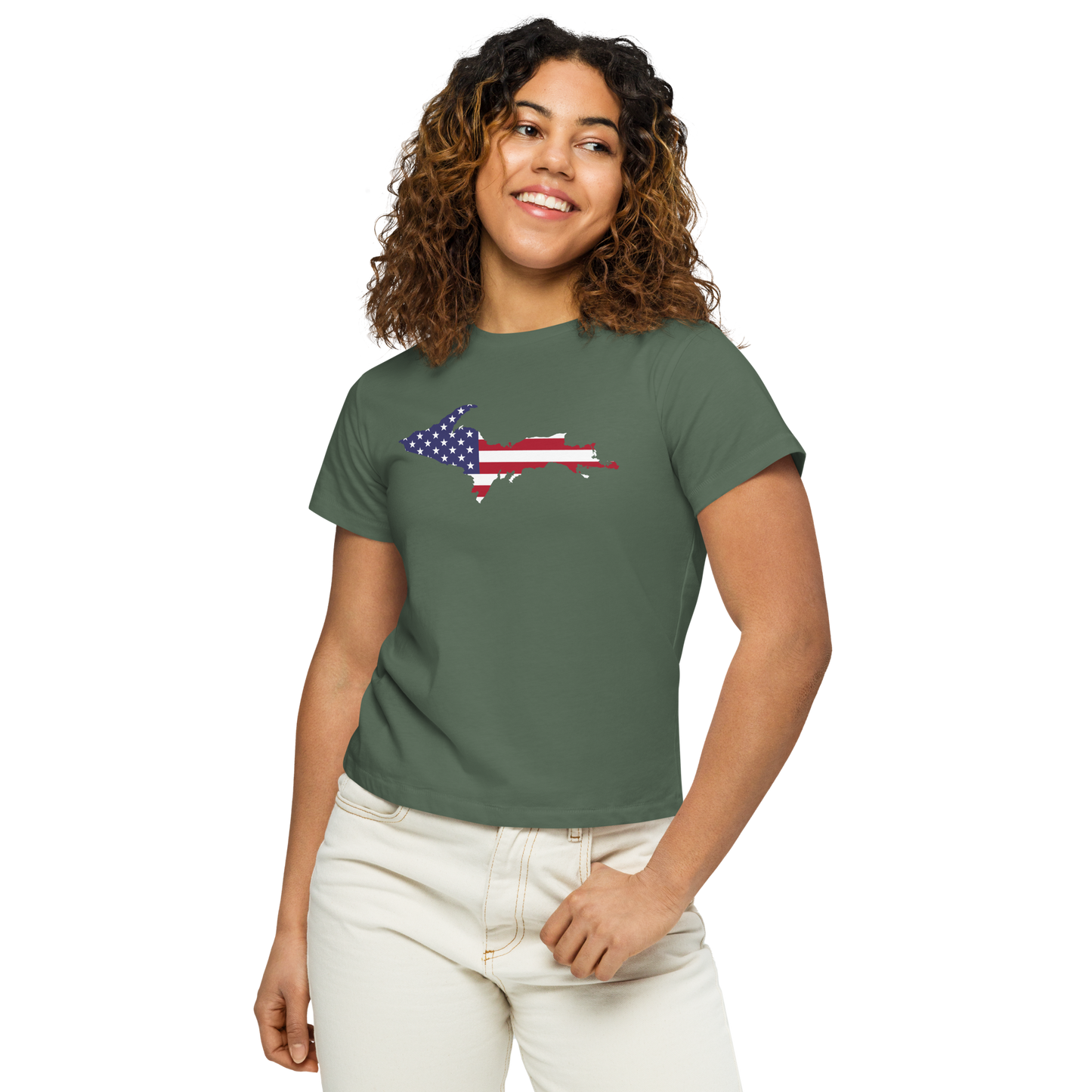 Michigan Upper Peninsula T-Shirt (w/ UP USA Flag Outline) | Women's High-Waisted