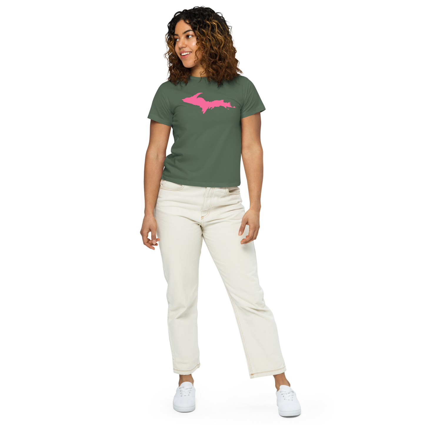 Michigan Upper Peninsula T-Shirt (w/ Pink UP Outline) | Women's High-Waisted