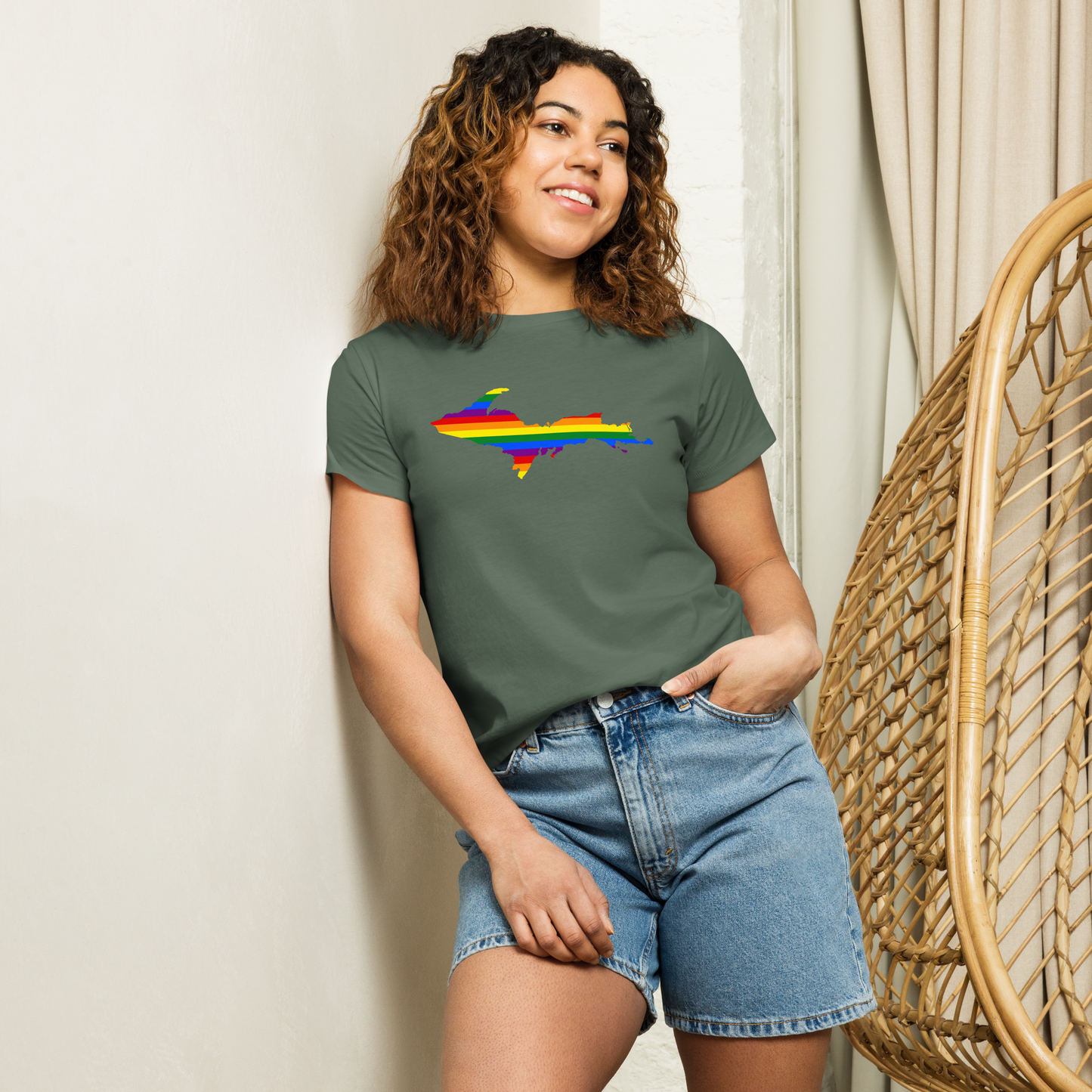 Michigan Upper Peninsula T-Shirt (w/ UP Pride Flag Outline) | Women's High-Waisted