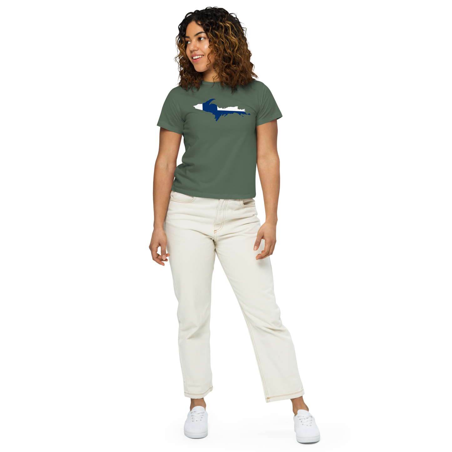 Michigan Upper Peninsula T-Shirt (w/ UP Finland Flag Outline) | Women's High-Waisted