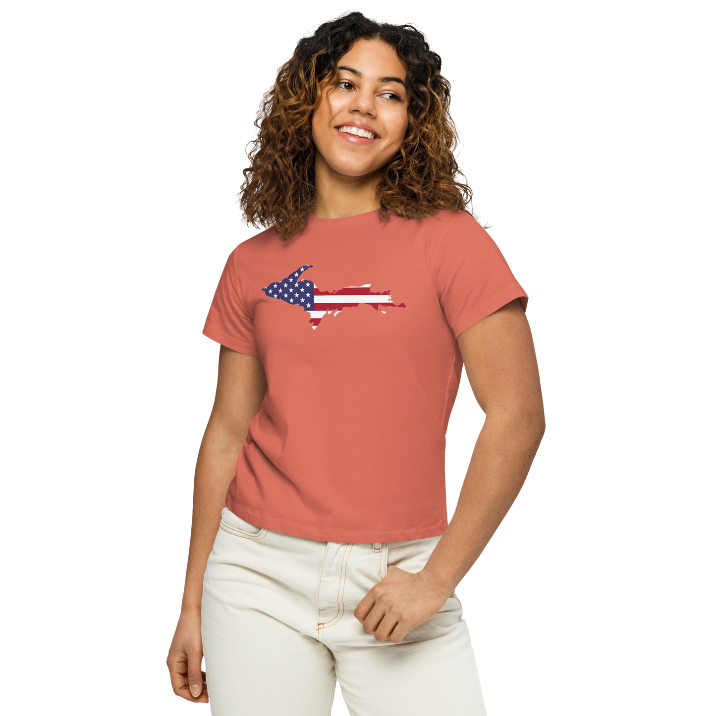 Michigan Upper Peninsula T-Shirt (w/ UP USA Flag Outline) | Women's High-Waisted