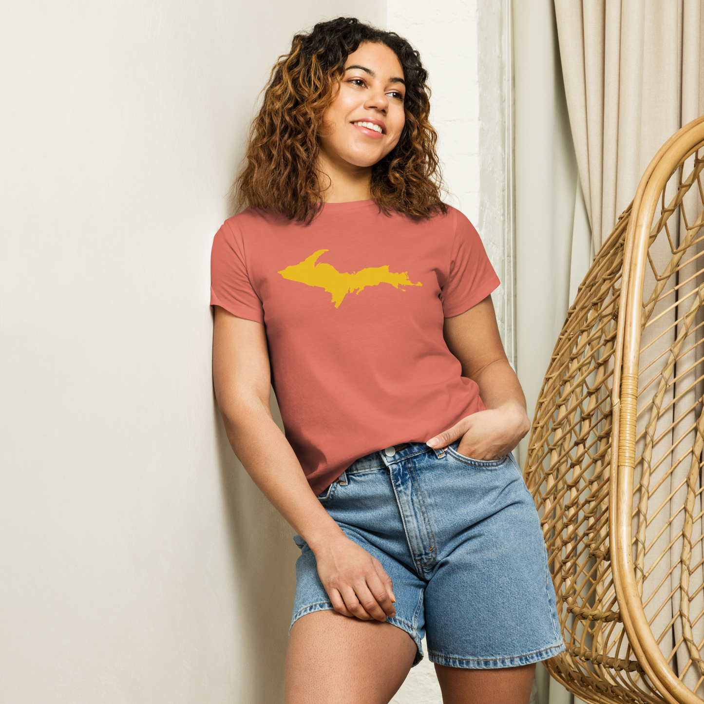 Michigan Upper Peninsula T-Shirt (w/ Gold UP Outline) | Women's High-Waisted