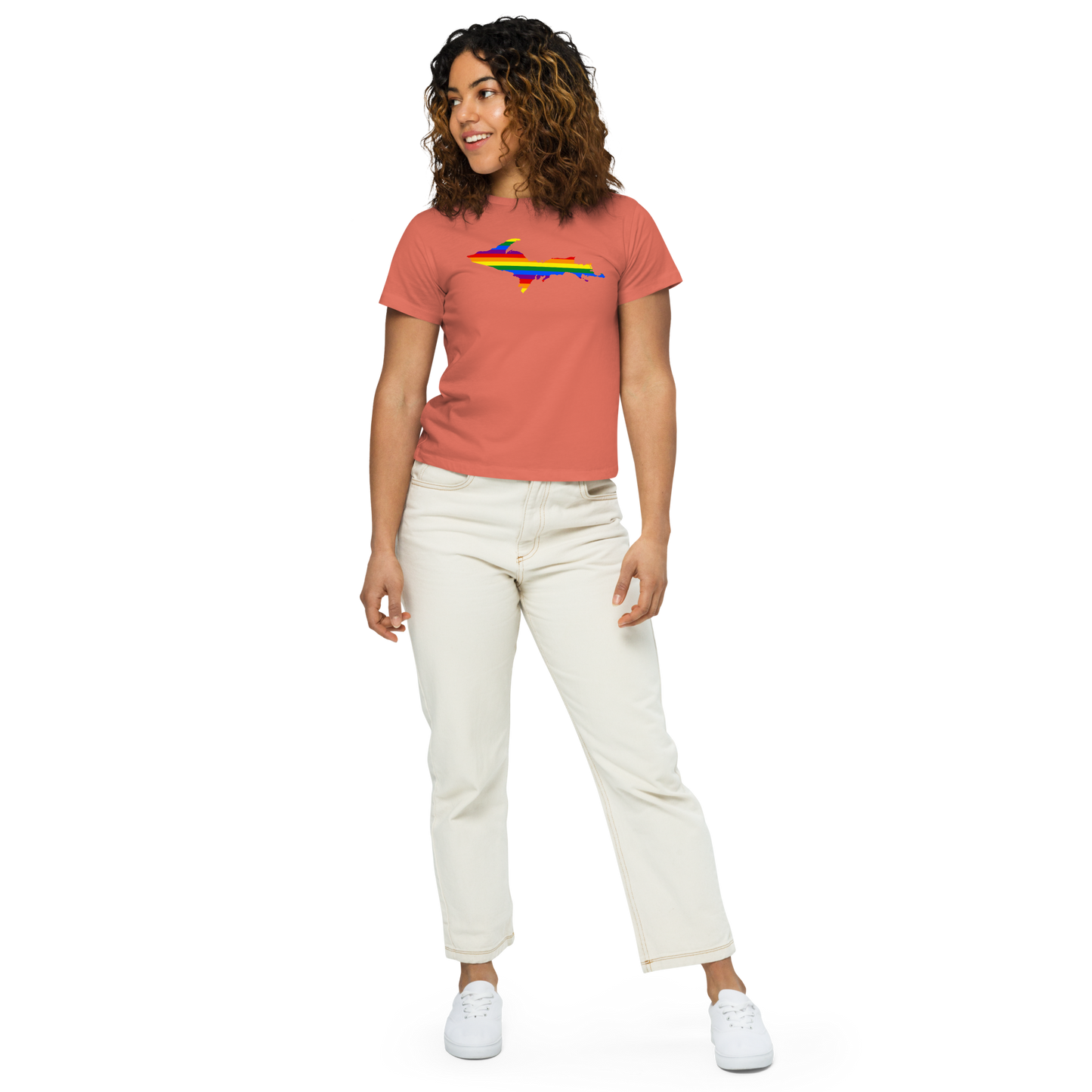 Michigan Upper Peninsula T-Shirt (w/ UP Pride Flag Outline) | Women's High-Waisted