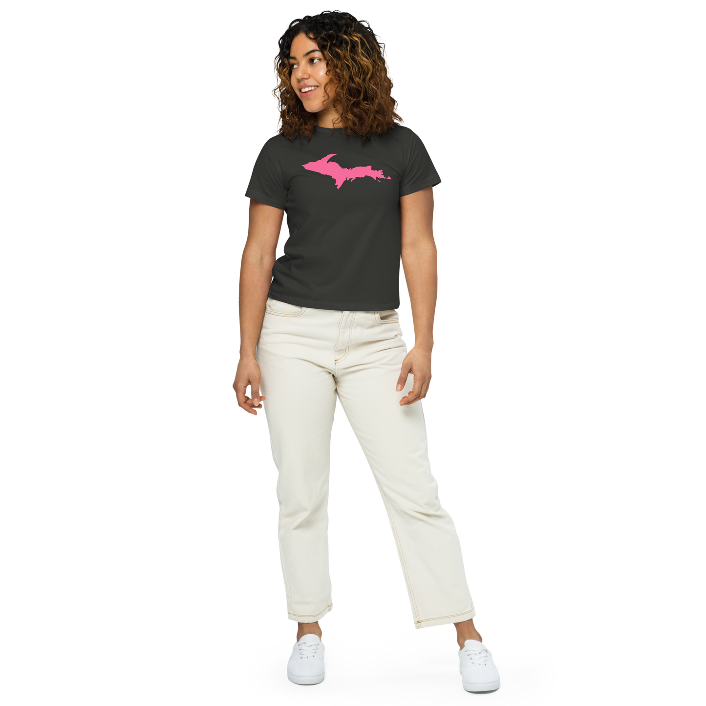 Michigan Upper Peninsula T-Shirt (w/ Pink UP Outline) | Women's High-Waisted