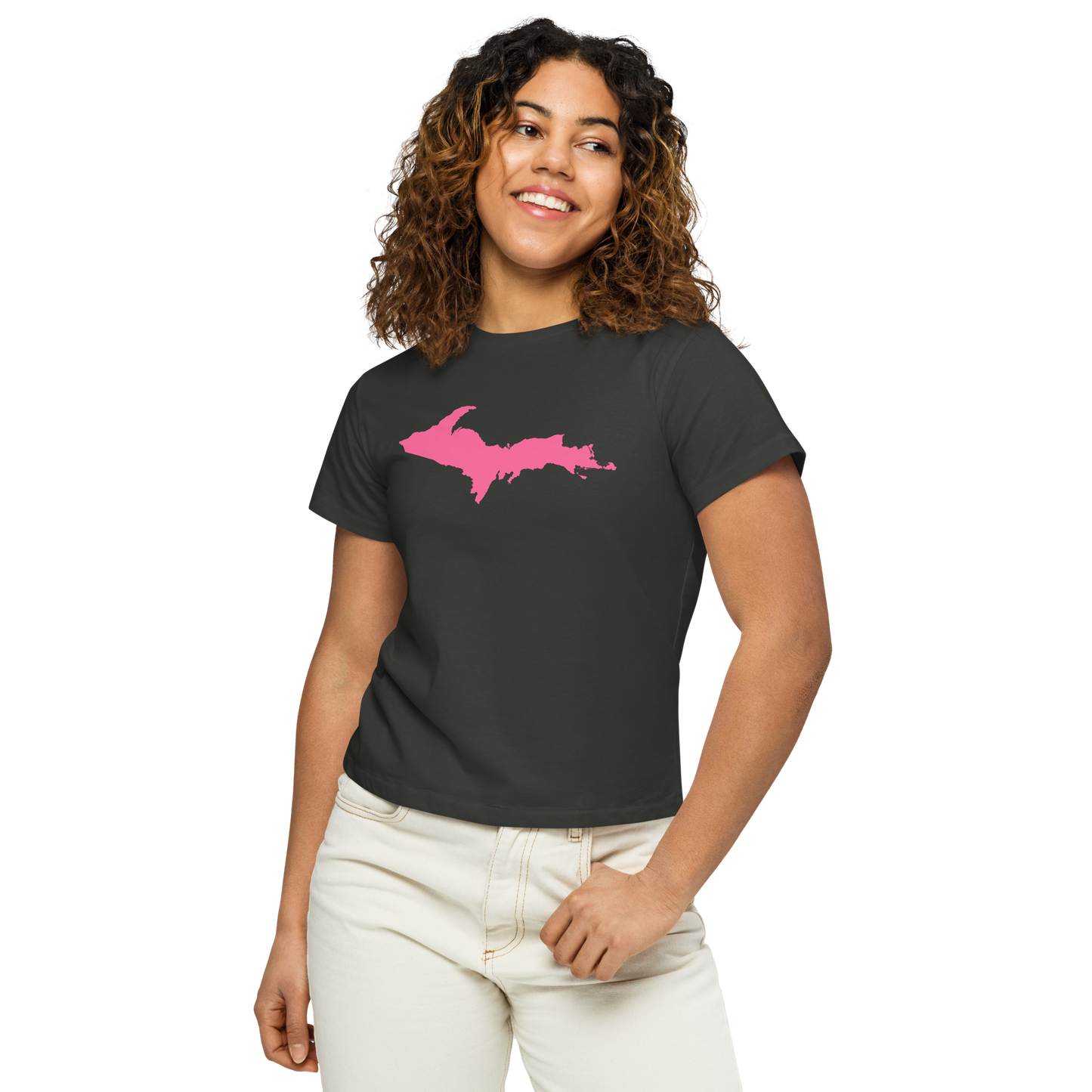 Michigan Upper Peninsula T-Shirt (w/ Pink UP Outline) | Women's High-Waisted