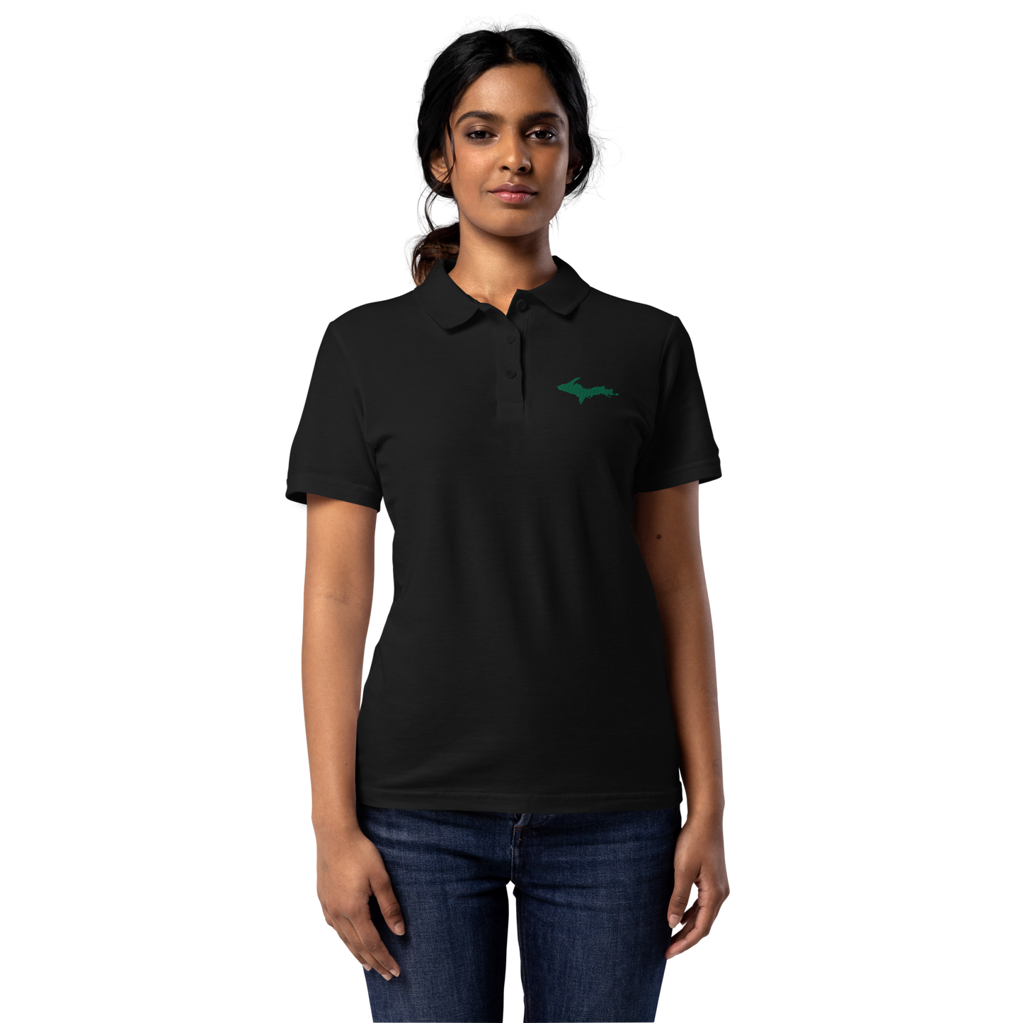 Michigan Upper Peninsula Polo Shirt (w/ Green UP Outline) | Women's Pique