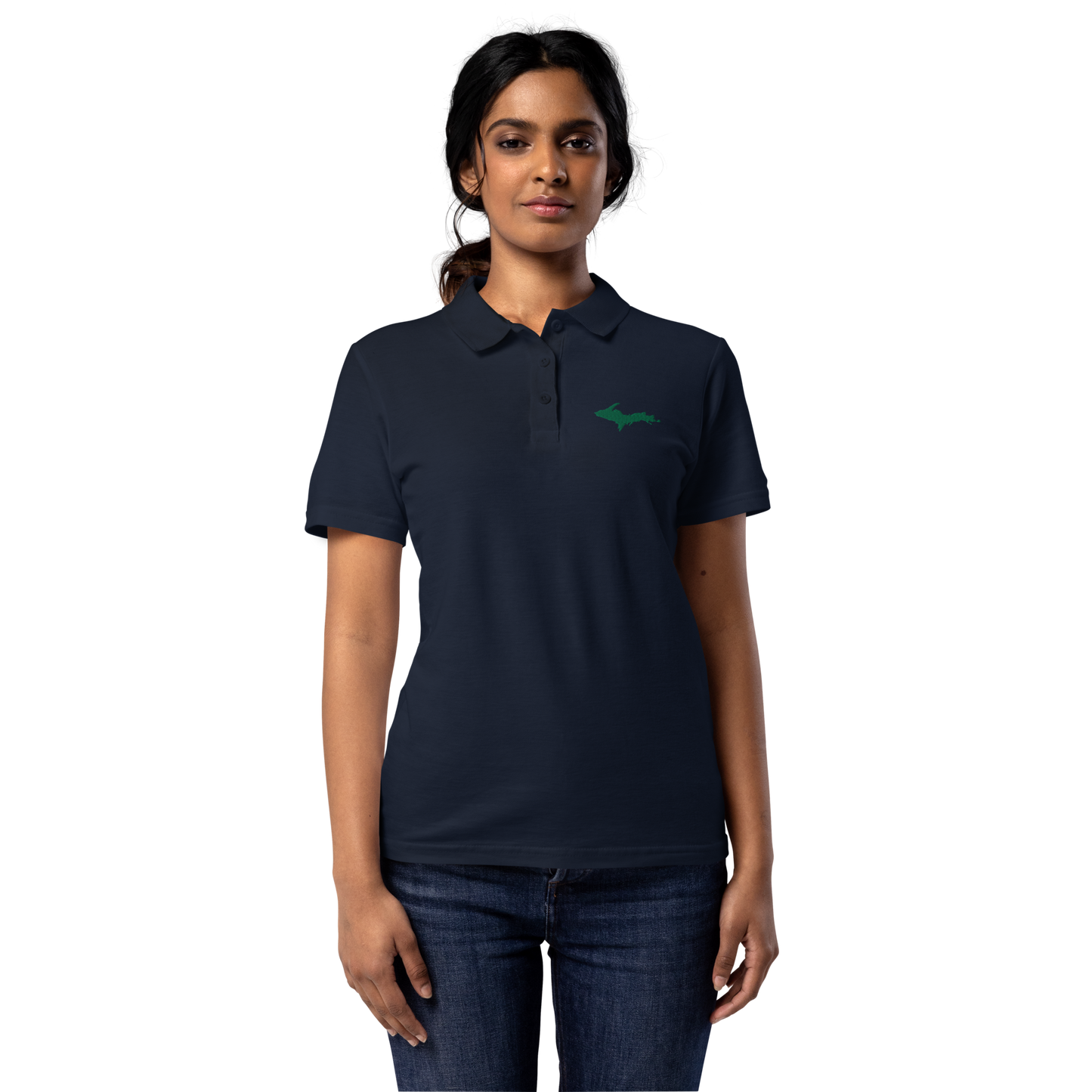 Michigan Upper Peninsula Polo Shirt (w/ Green UP Outline) | Women's Pique