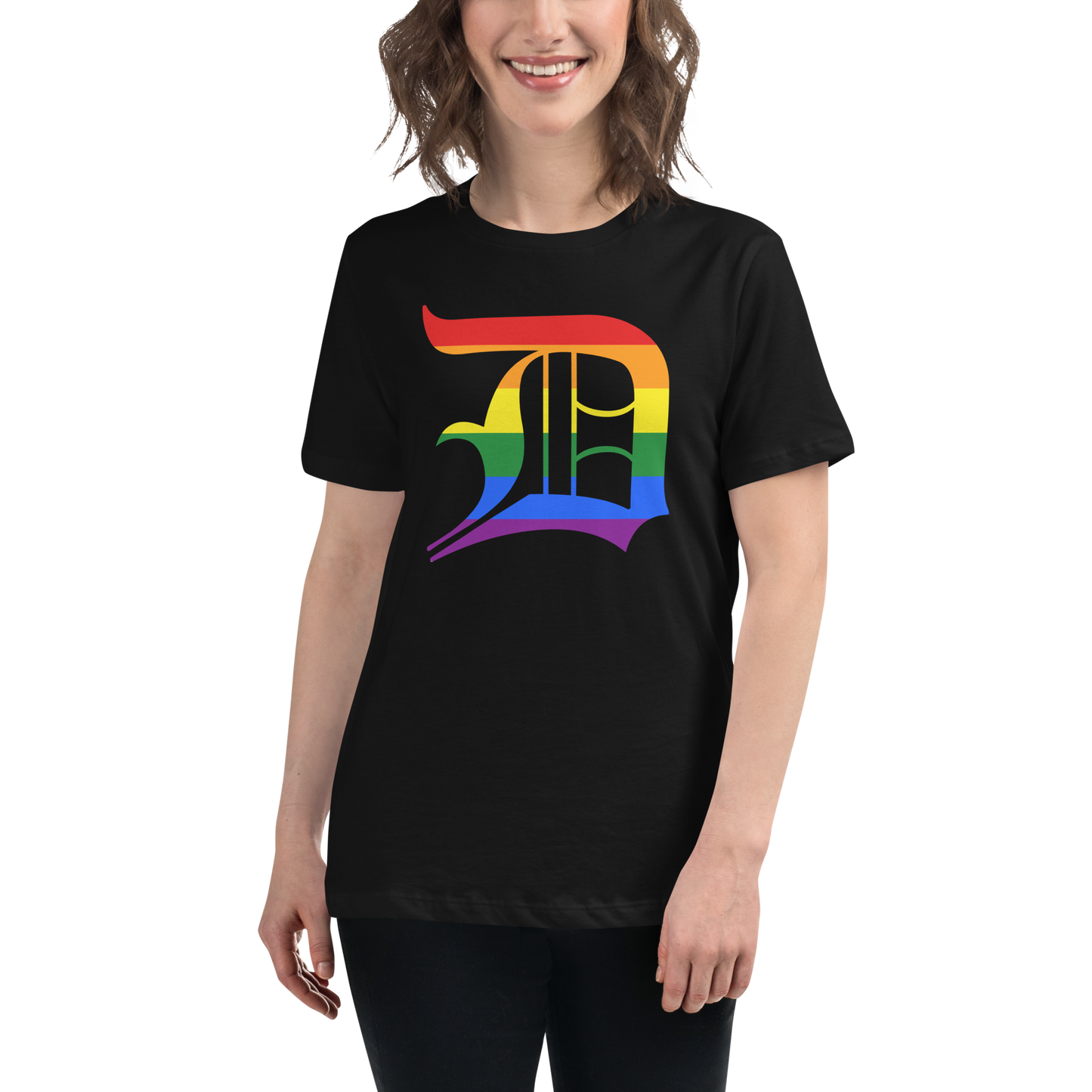 Detroit 'Old English D' T-Shirt (Rainbow Pride Edition) | Women's Relaxed Fit