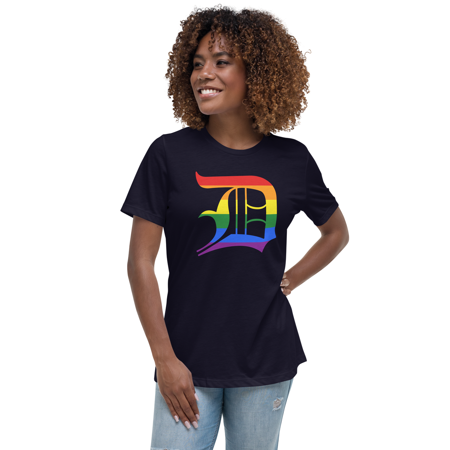 Detroit 'Old English D' T-Shirt (Rainbow Pride Edition) | Women's Relaxed Fit