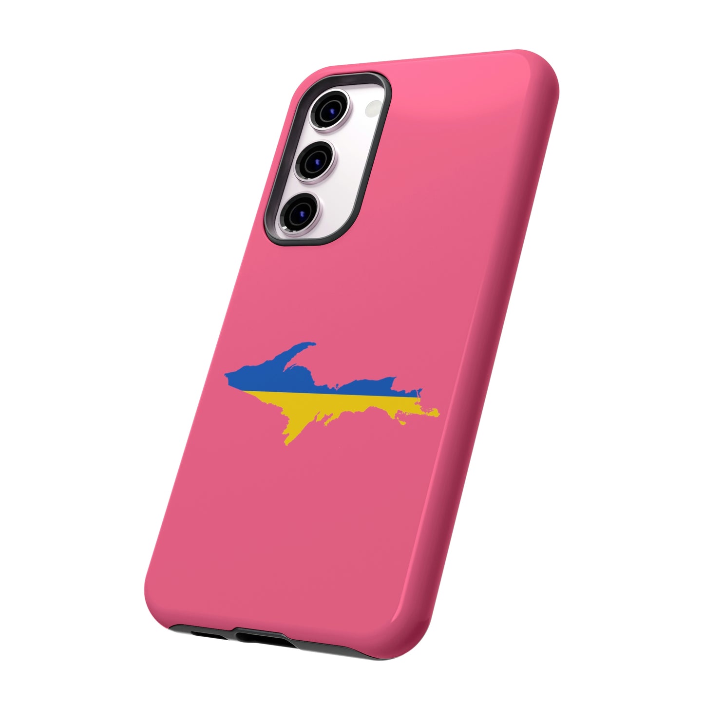 Michigan Upper Peninsula Tough Phone Case (Rhodochrosite Pink w/ UP Ukraine Flag Outline) | Samsung & Pixel Android