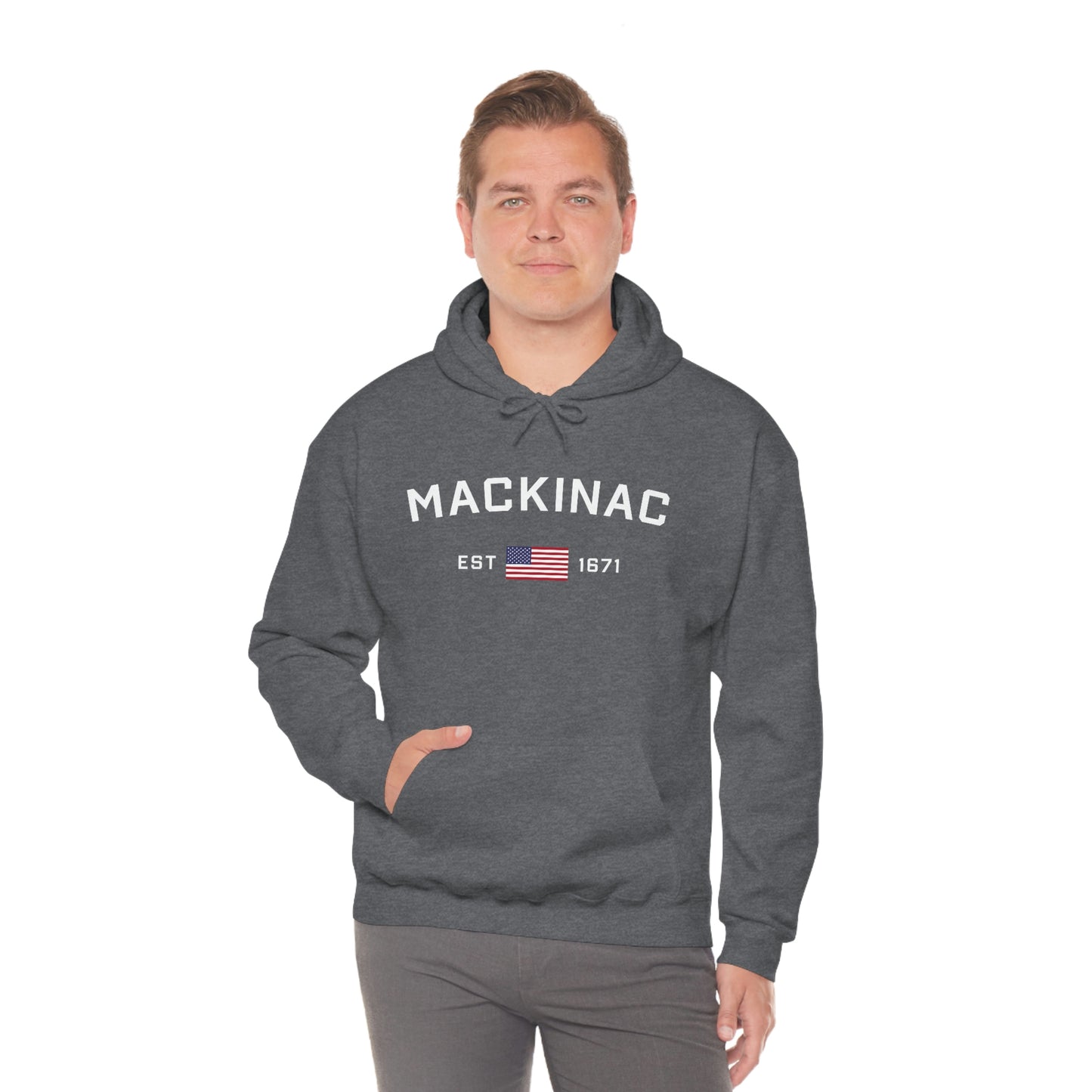 'Mackinac EST 1671' Hoodie (w/USA Flag Outline) | Unisex Standard