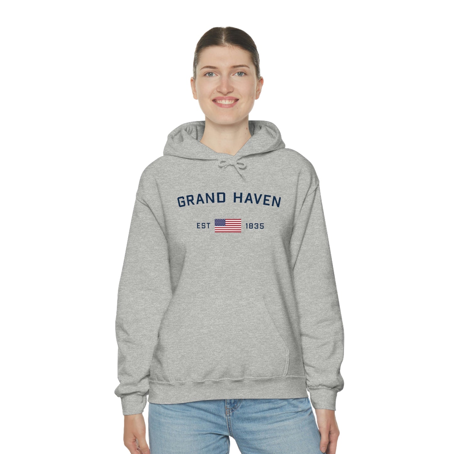 'Grand Haven EST 1835' Hoodie (w/USA Flag Outline) | Unisex Standard