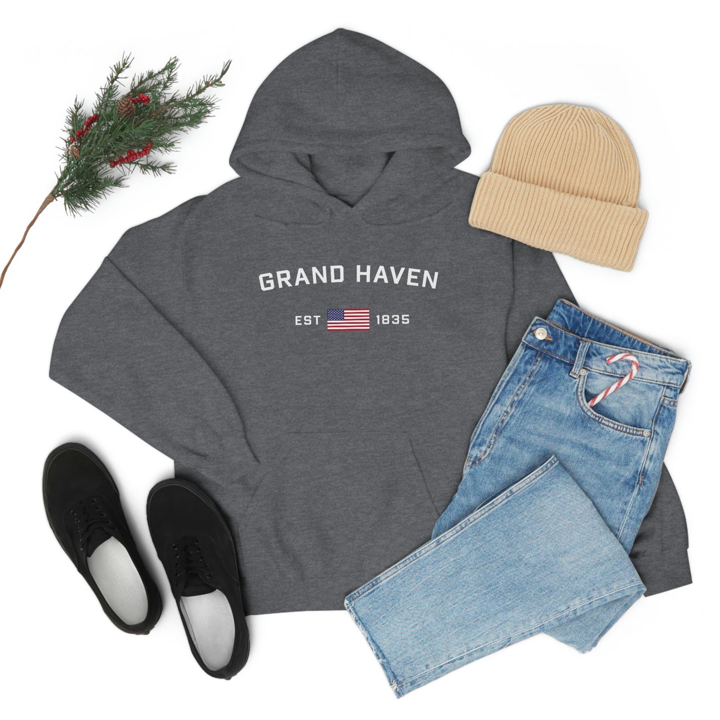 'Grand Haven EST 1835' Hoodie (w/USA Flag Outline) | Unisex Standard