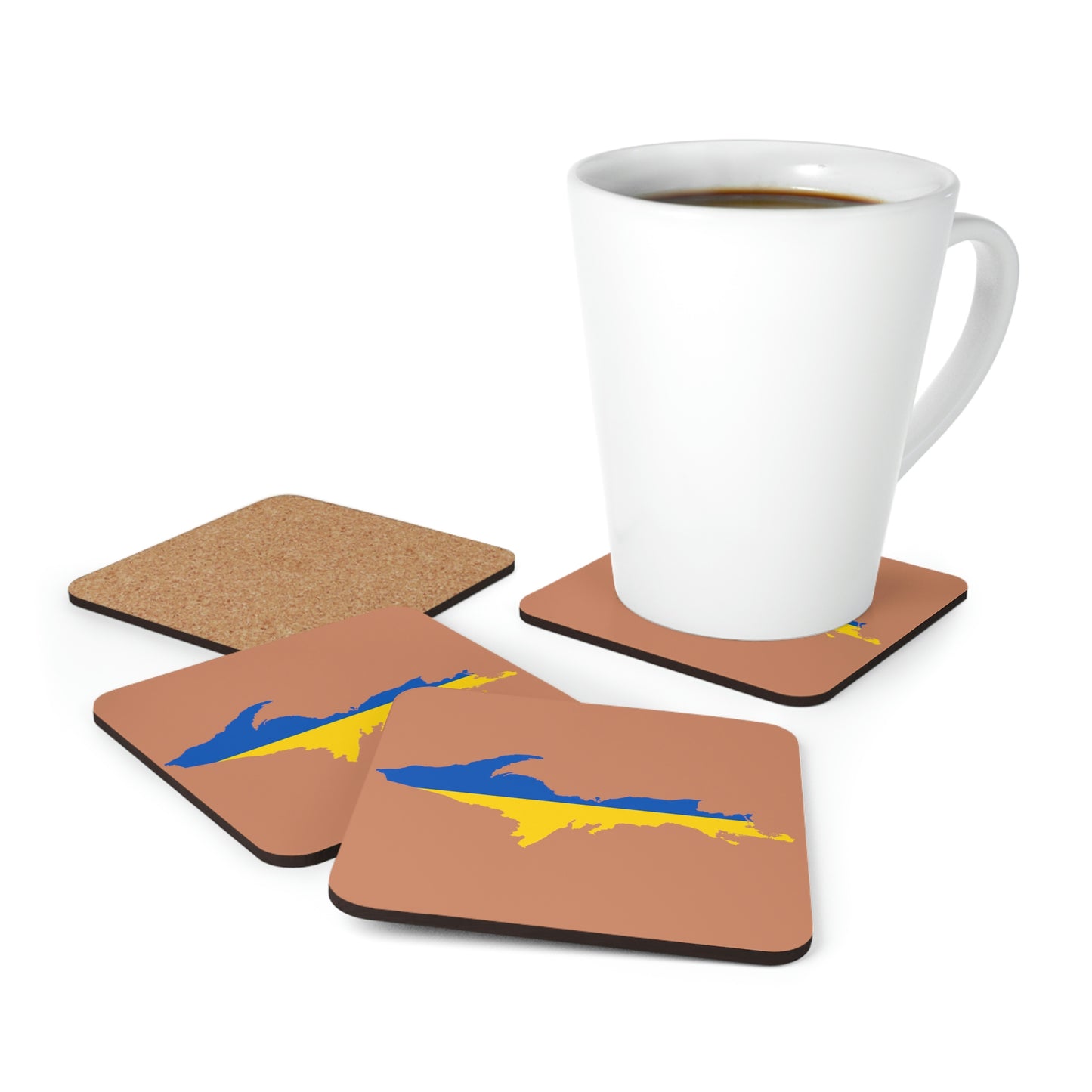 Michigan Upper Peninsula Coaster Set (Copper Color w/ UP Ukraine Flag Outline) | Corkwood - 4 pack