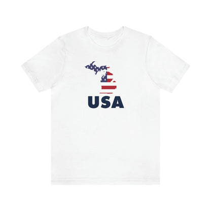 Michigan 'USA' T-Shirt (Geometric Sans Font w/ MI USA Flag Outline) | Unisex Standard Fit