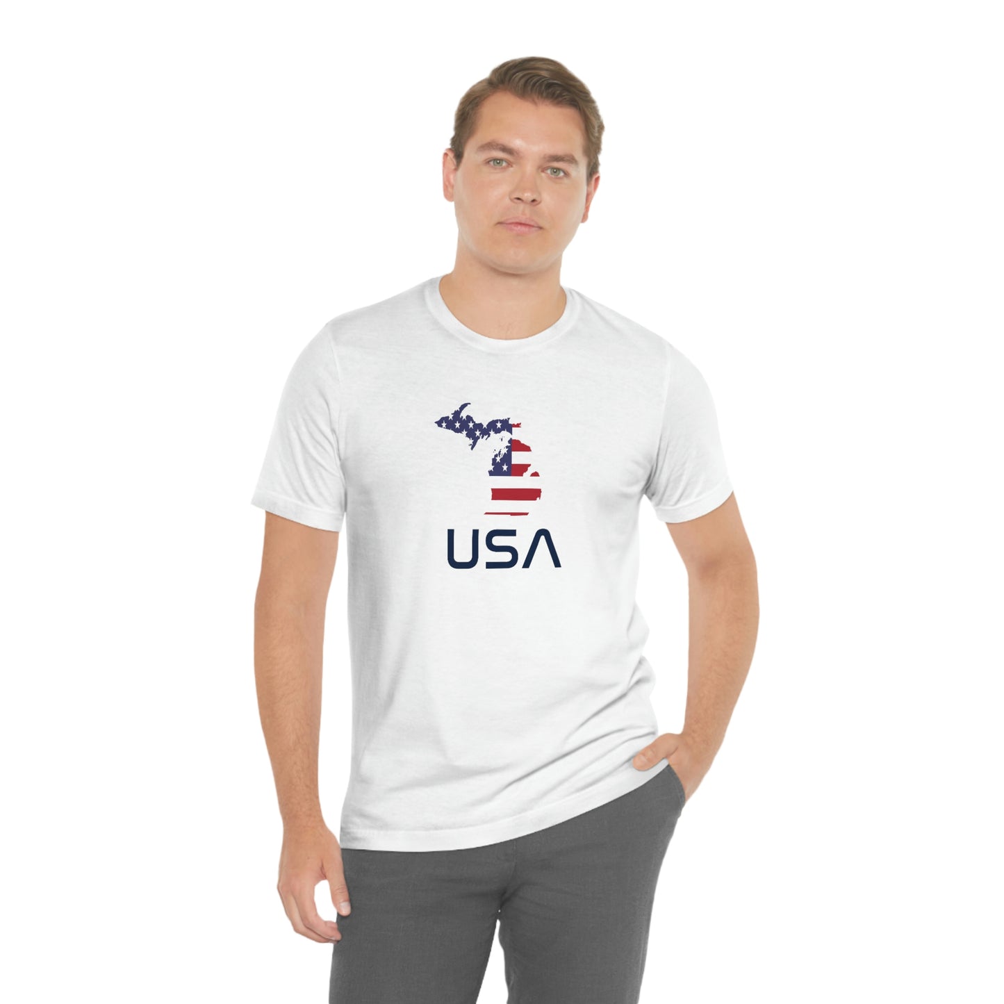 Michigan 'USA' T-Shirt (Space Agency Font w/ MI USA Flag Outline) | Unisex Standard Fit