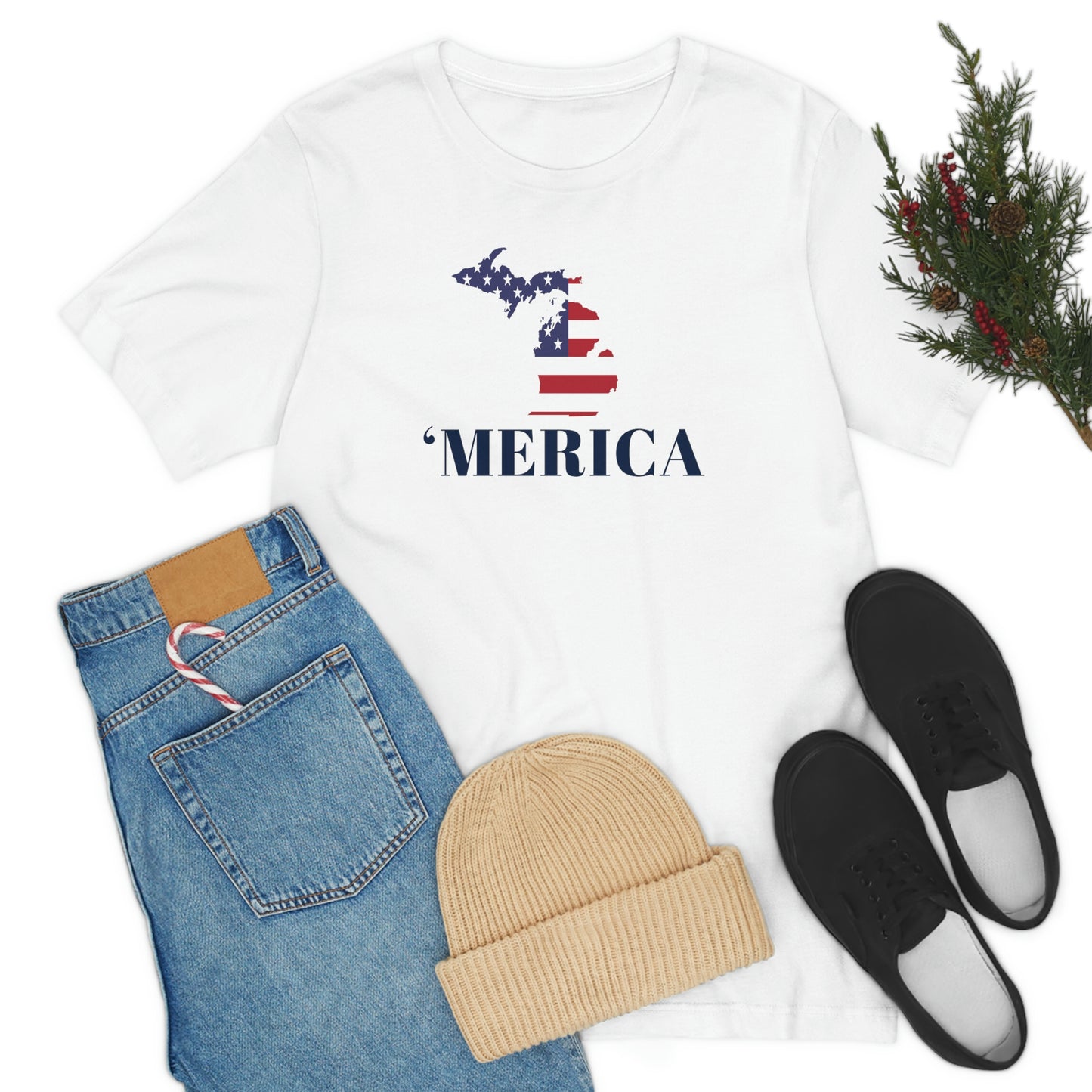 Michigan 'Merica' T-Shirt (Didone Font w/ MI USA Flag Outline) | Unisex Standard Fit