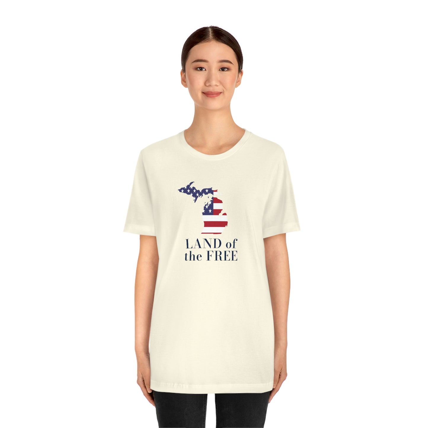 Michigan 'Land of the Free' T-Shirt (Didone Font w/ MI USA Flag Outline) | Unisex Standard Fit