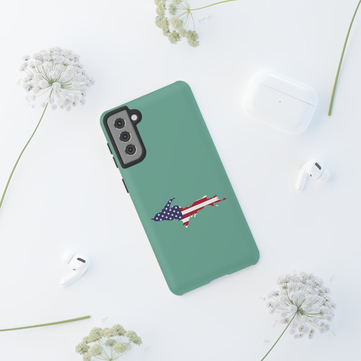 Michigan Upper Peninsula Tough Phone Case ('64 Metallic Mint Green w/ UP USA Flag Outline) | Samsung & Pixel Android