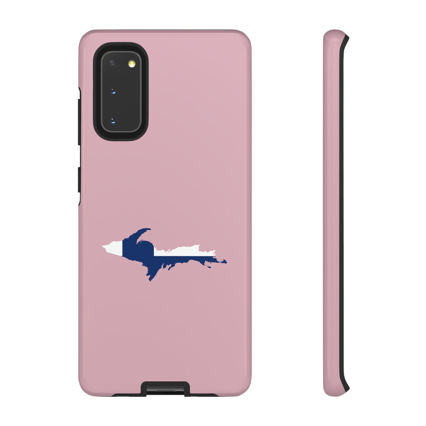 Michigan Upper Peninsula Tough Phone Case (Pink w/ UP Finland Flag Outline) | Samsung & Pixel Android