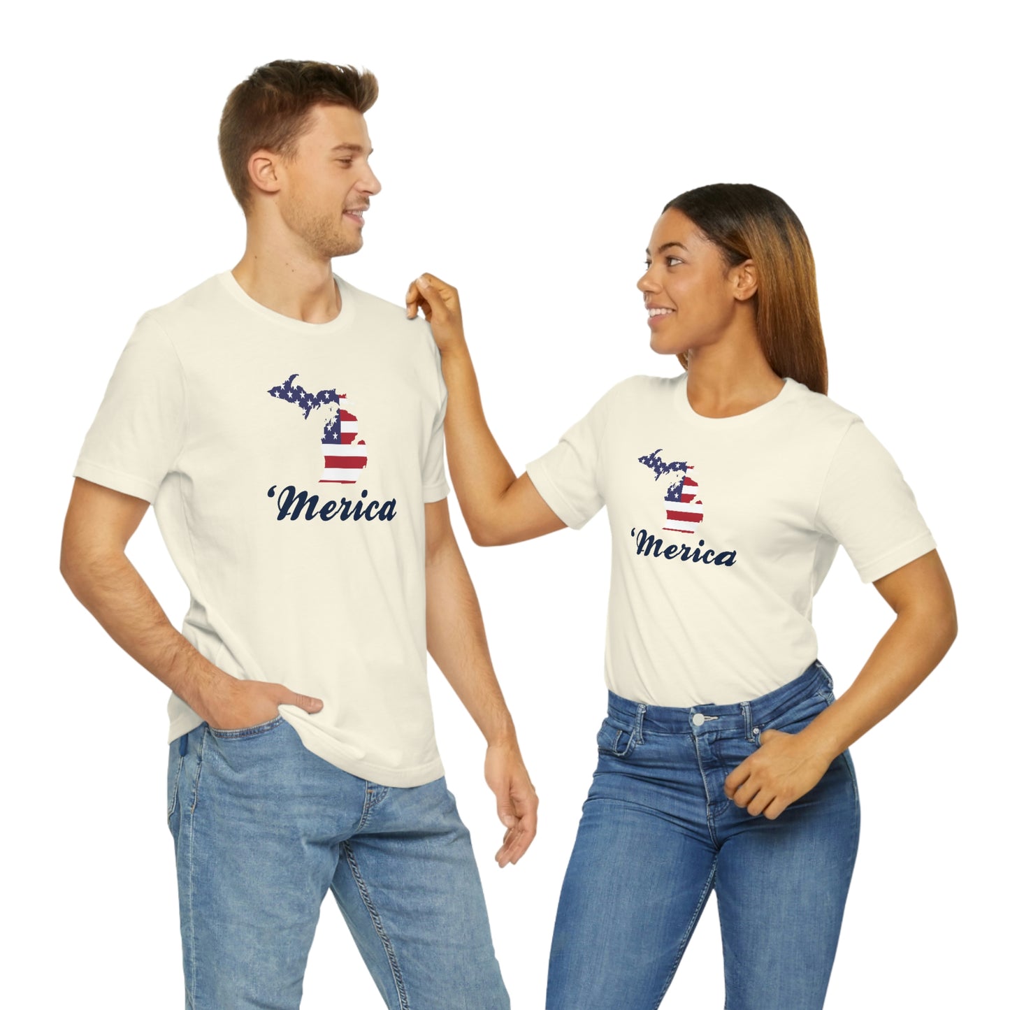 Michigan 'Merica' T-Shirt (Script Font w/ MI USA Flag Outline) | Unisex Standard Fit