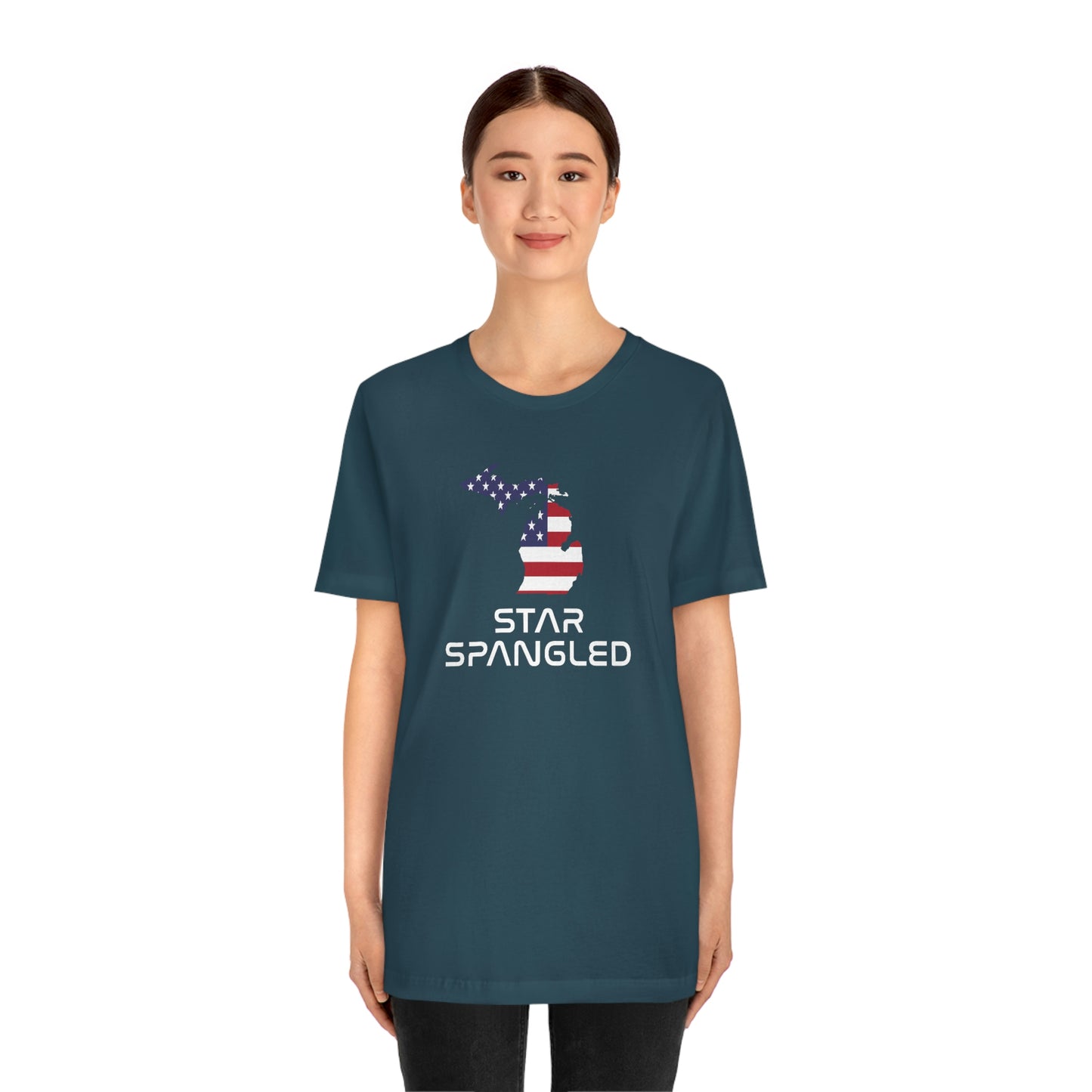 Michigan 'Star Spangled' T-Shirt (Space Agency Font w/ MI USA Flag Outline) | Unisex Standard Fit